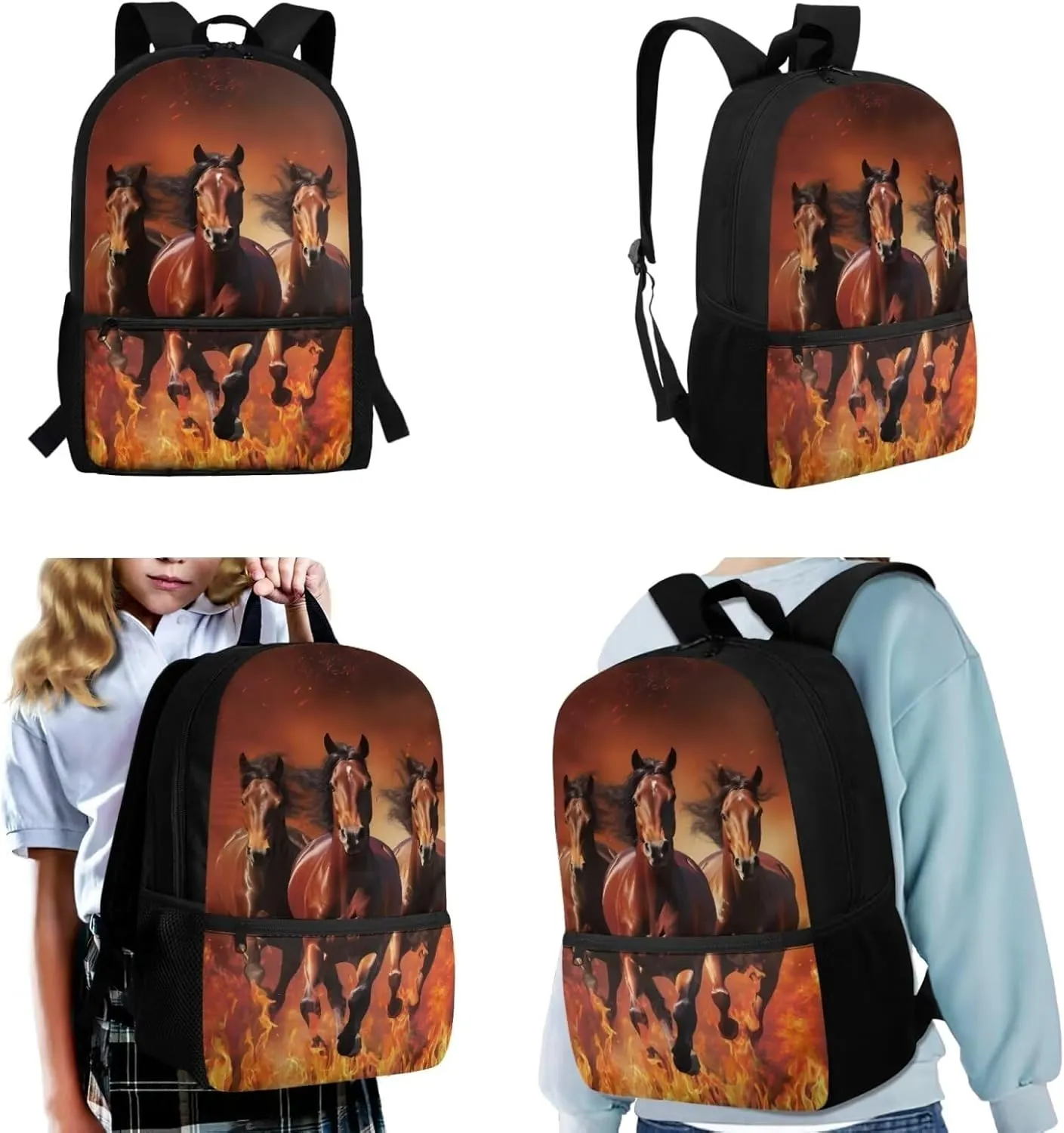 Flaming Horse Backpacks for High School Boys 3-in-1 School Bag Set with Lunchbox Pencil Case 14-16 Kids Large Bookbags Student Hiking Camping Backpacks Lightweight Travel Shoulder Bag