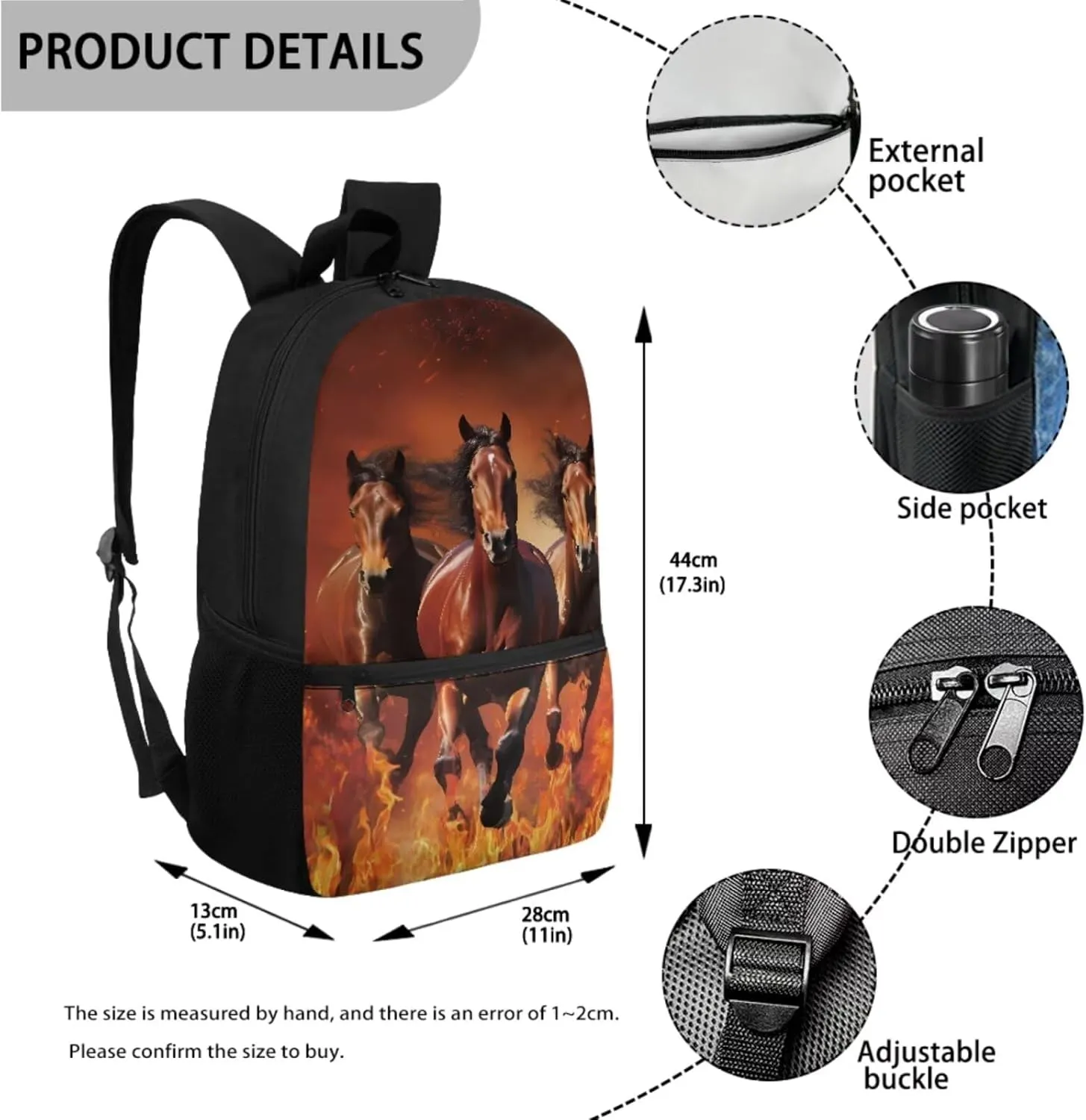 Flaming Horse Backpacks for High School Boys 3-in-1 School Bag Set with Lunchbox Pencil Case 14-16 Kids Large Bookbags Student Hiking Camping Backpacks Lightweight Travel Shoulder Bag