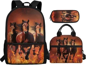 Flaming Horse Backpacks for High School Boys 3-in-1 School Bag Set with Lunchbox Pencil Case 14-16 Kids Large Bookbags Student Hiking Camping Backpacks Lightweight Travel Shoulder Bag