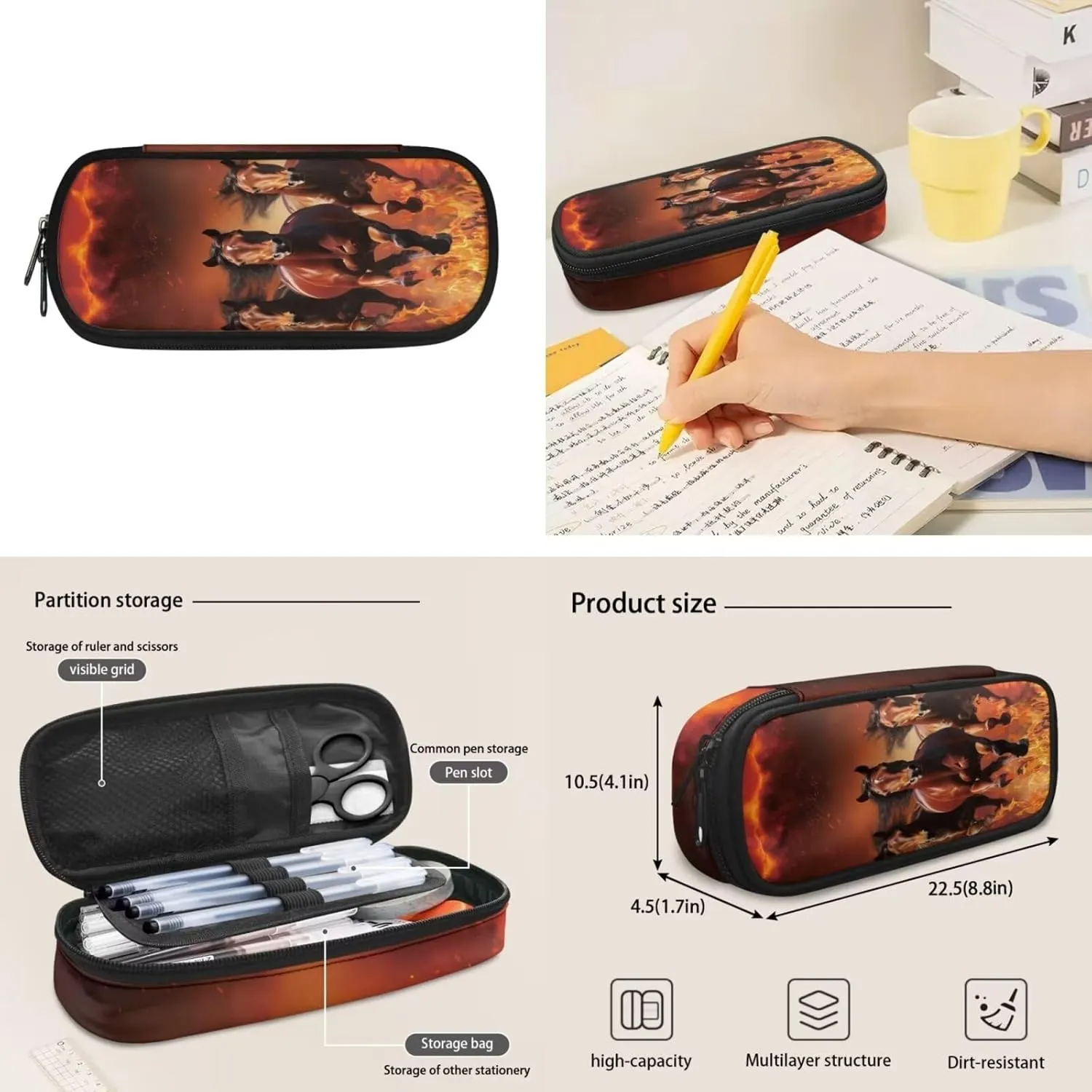 Flaming Horse Backpacks for High School Boys 3-in-1 School Bag Set with Lunchbox Pencil Case 14-16 Kids Large Bookbags Student Hiking Camping Backpacks Lightweight Travel Shoulder Bag