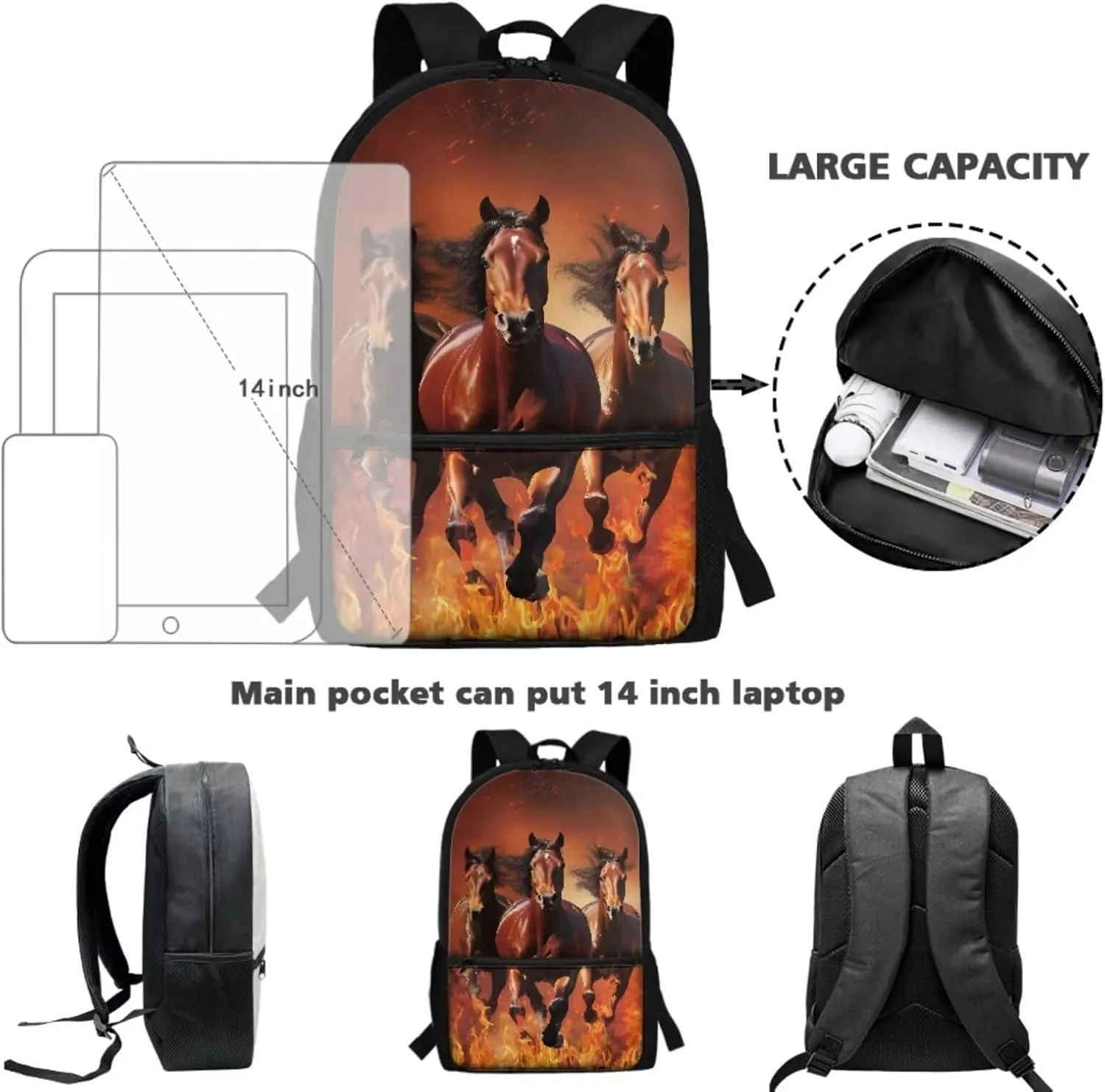 Flaming Horse Backpacks for High School Boys 3-in-1 School Bag Set with Lunchbox Pencil Case 14-16 Kids Large Bookbags Student Hiking Camping Backpacks Lightweight Travel Shoulder Bag