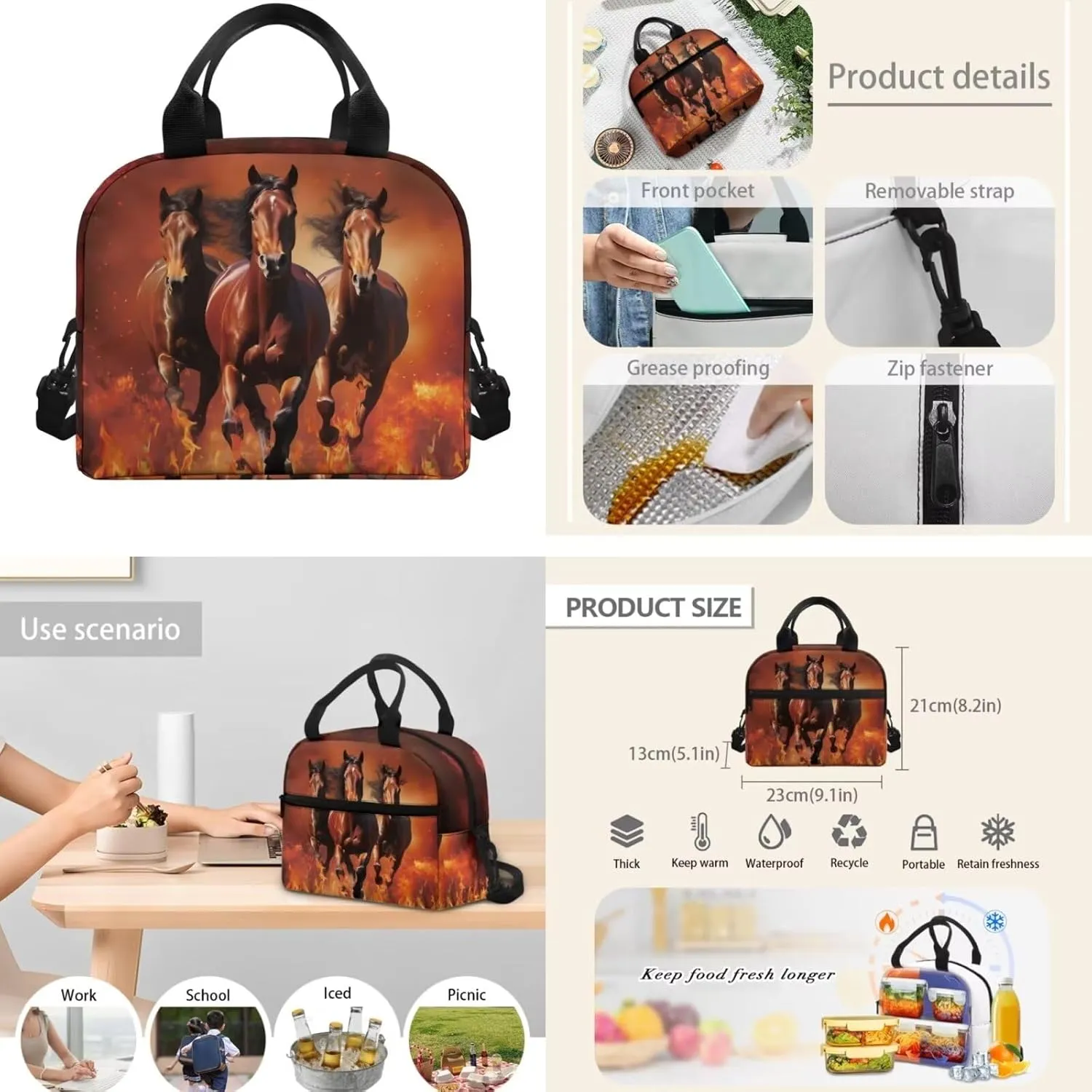 Flaming Horse Backpacks for High School Boys 3-in-1 School Bag Set with Lunchbox Pencil Case 14-16 Kids Large Bookbags Student Hiking Camping Backpacks Lightweight Travel Shoulder Bag
