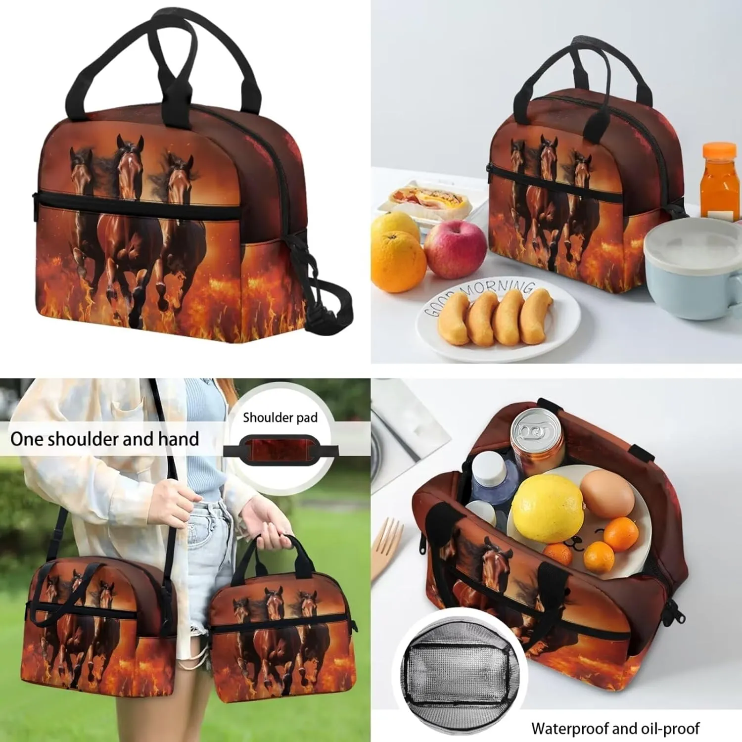 Flaming Horse Backpacks for High School Boys 3-in-1 School Bag Set with Lunchbox Pencil Case 14-16 Kids Large Bookbags Student Hiking Camping Backpacks Lightweight Travel Shoulder Bag
