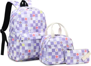 Flowers Checkered School Backpack for Teen Girls, 3-in-1 Kids Backpack Bookbag Set School Bags with Lunch Box Pencil Case (Purple)