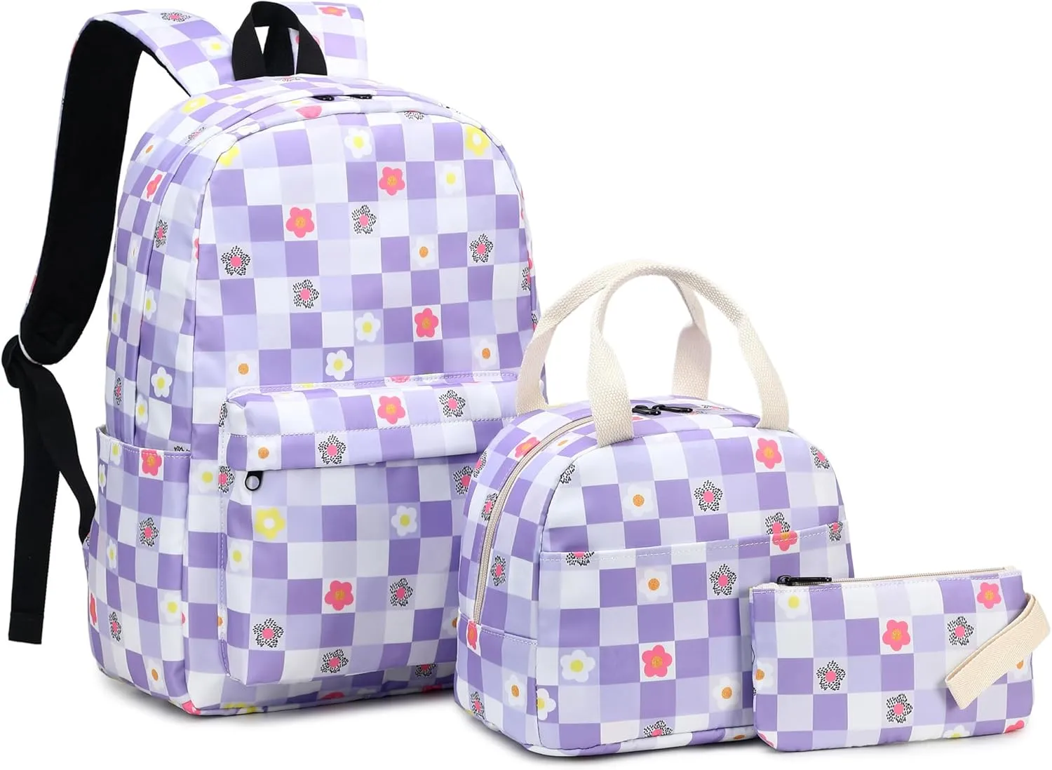 Flowers Checkered School Backpack for Teen Girls, 3-in-1 Kids Backpack Bookbag Set School Bags with Lunch Box Pencil Case (Purple)