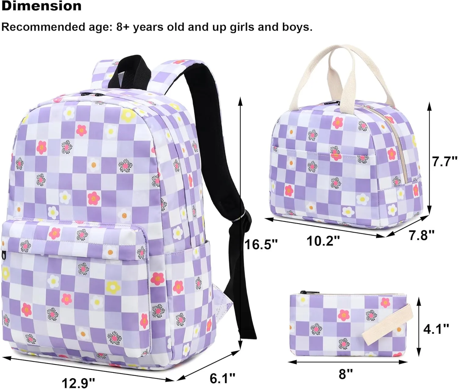Flowers Checkered School Backpack for Teen Girls, 3-in-1 Kids Backpack Bookbag Set School Bags with Lunch Box Pencil Case (Purple)