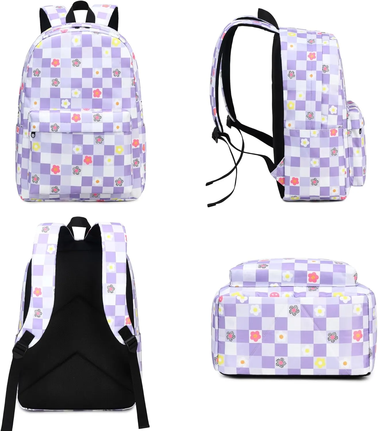 Flowers Checkered School Backpack for Teen Girls, 3-in-1 Kids Backpack Bookbag Set School Bags with Lunch Box Pencil Case (Purple)