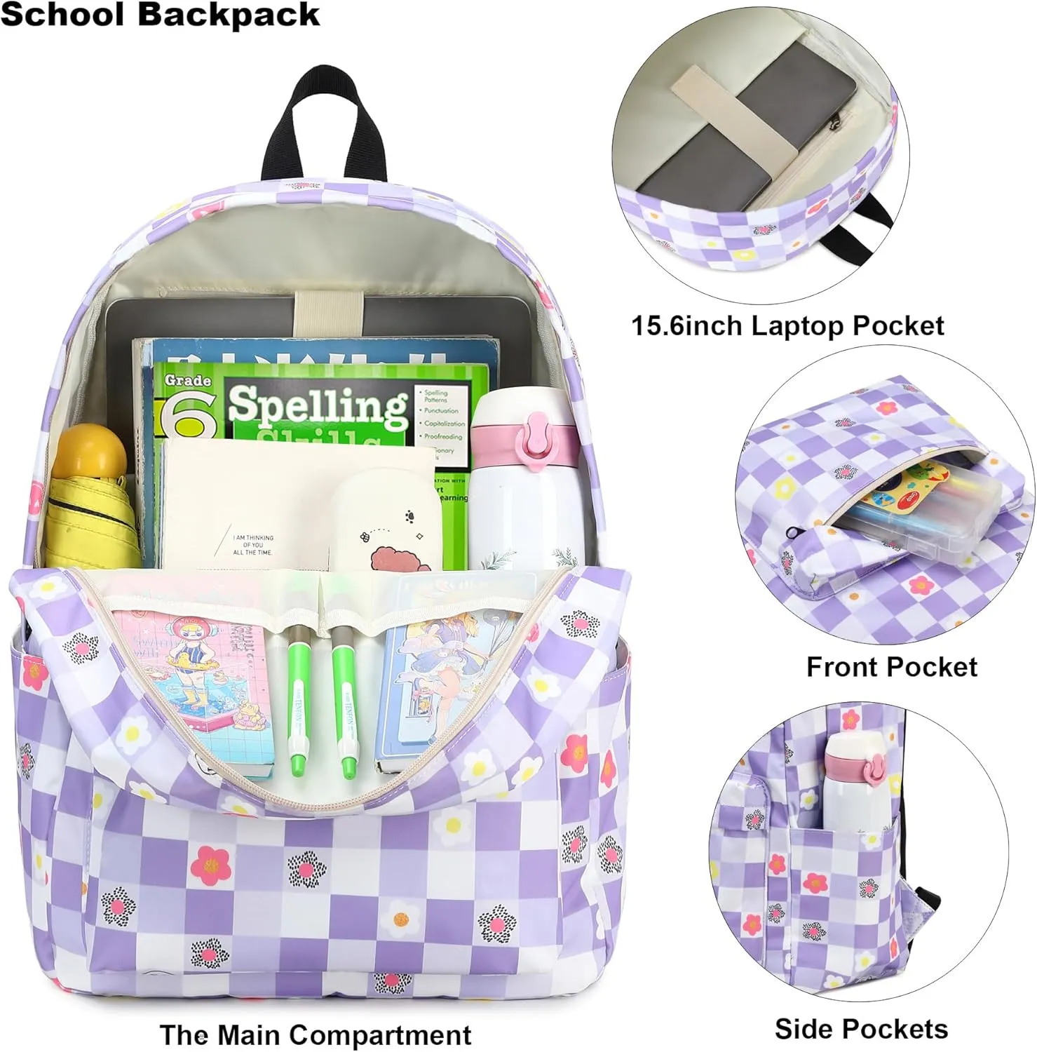 Flowers Checkered School Backpack for Teen Girls, 3-in-1 Kids Backpack Bookbag Set School Bags with Lunch Box Pencil Case (Purple)