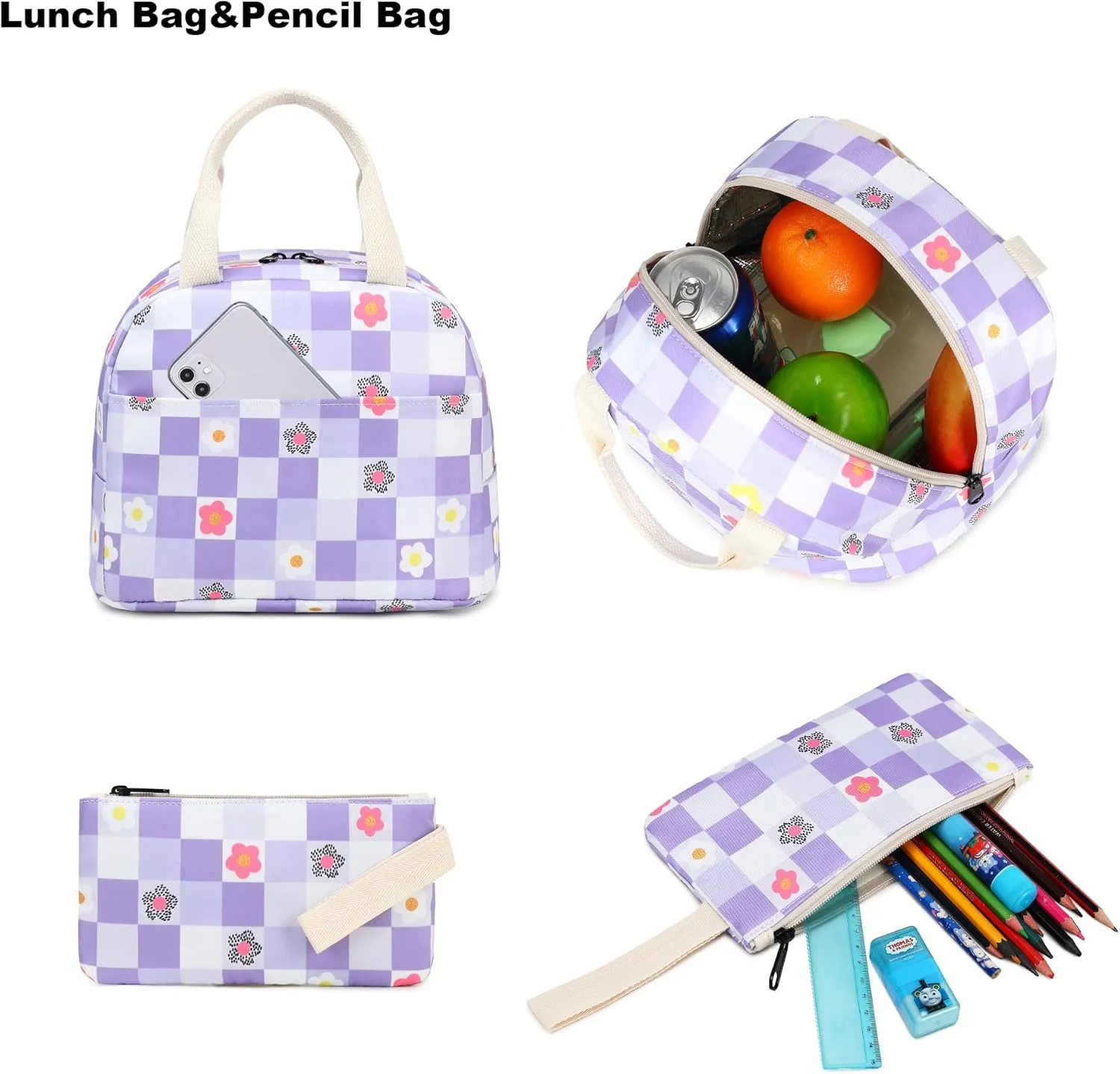 Flowers Checkered School Backpack for Teen Girls, 3-in-1 Kids Backpack Bookbag Set School Bags with Lunch Box Pencil Case (Purple)