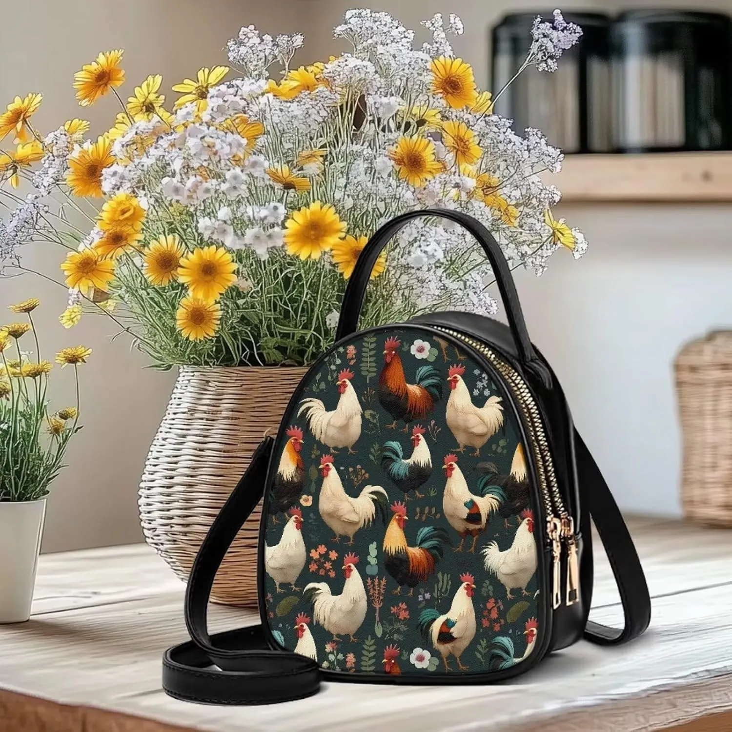 Flowers Crossbody Bags for Women, PU Leather Cross Body Wallet Phone Holder Top Handle Shoulder Bag Travel Handbag