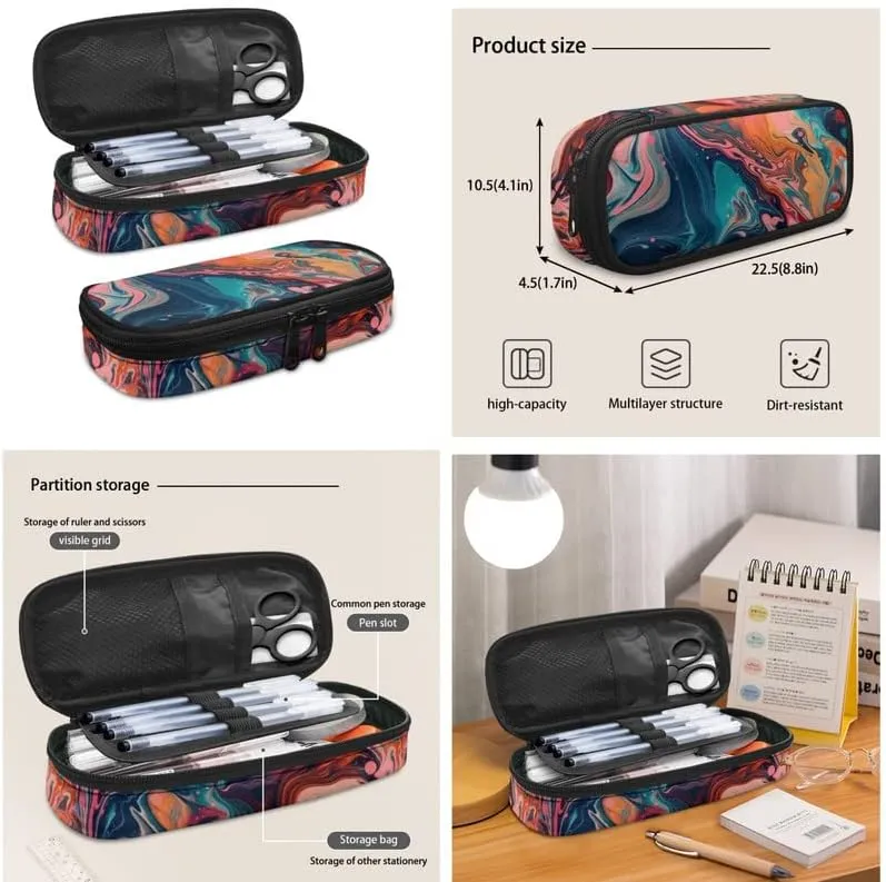 Fluid Painting Marble 17in School Backpack 3Set Lightweight Bottle Holder Bookbags School Bag Colorful Splash Pencil Case Lunch Bag Travel Picnic Turquoise Pink