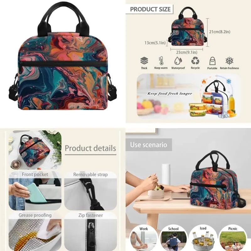 Fluid Painting Marble 17in School Backpack 3Set Lightweight Bottle Holder Bookbags School Bag Colorful Splash Pencil Case Lunch Bag Travel Picnic Turquoise Pink