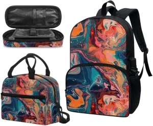 Fluid Painting Marble 17in School Backpack 3Set Lightweight Bottle Holder Bookbags School Bag Colorful Splash Pencil Case Lunch Bag Travel Picnic Turquoise Pink
