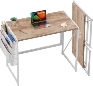 Folding Desk with Storage Pocket for Small Spaces, 31.5 Inch Foldable Desk with Headphone Hook for Bedroom Home Office, Portable Writing Table, Easy Assembly, Vintage Oak