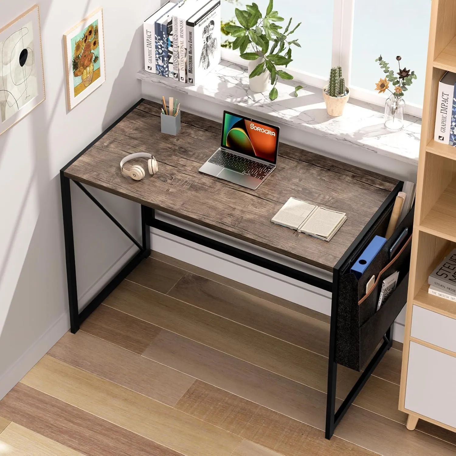 Folding Desk with Storage Pocket for Small Spaces, 39.4 Inch Foldable Desk with Headphone Hook for Bedroom Home Office, Portable Writing Table, Easy Assembly, Brown