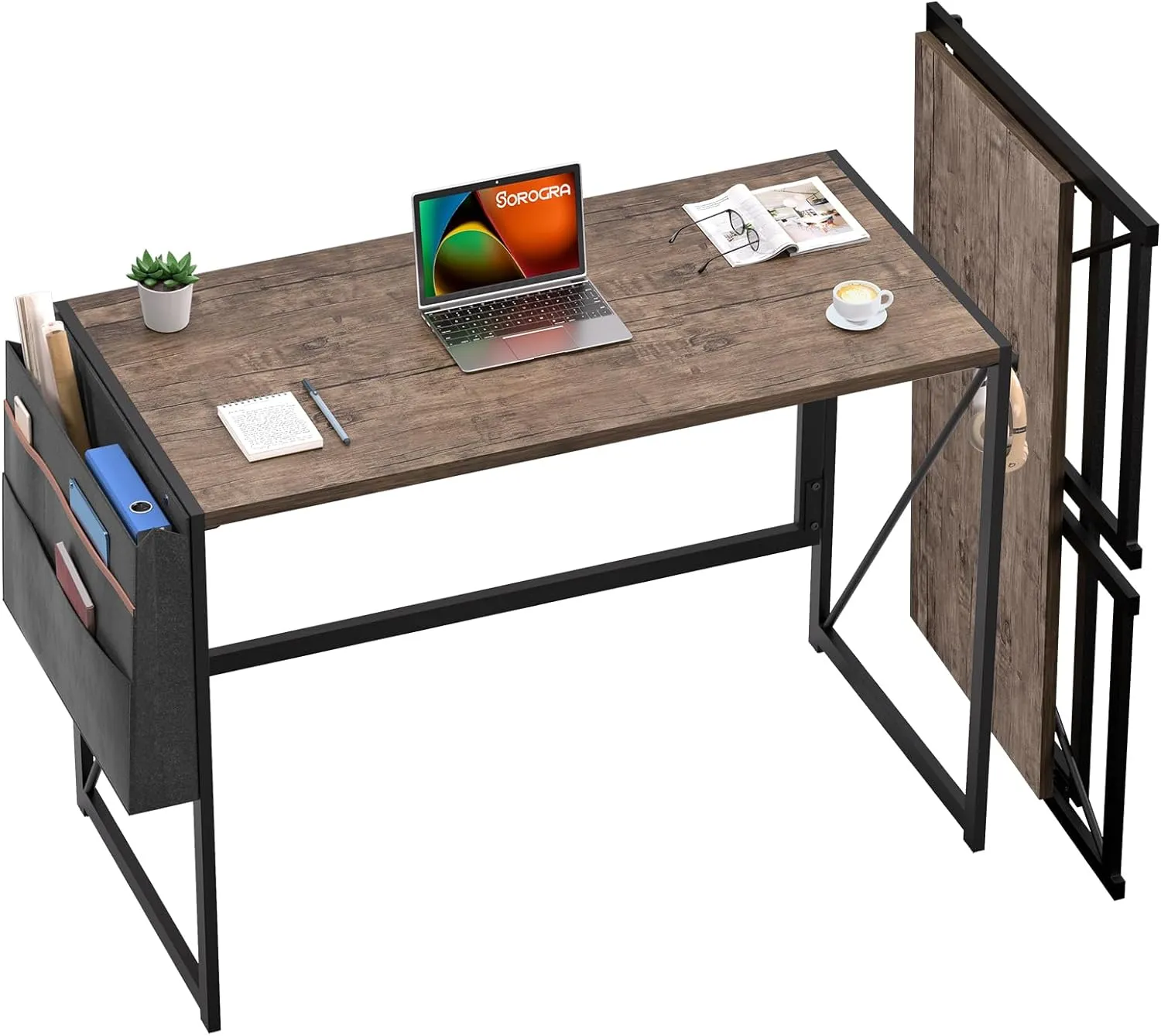 Folding Desk with Storage Pocket for Small Spaces, 39.4 Inch Foldable Desk with Headphone Hook for Bedroom Home Office, Portable Writing Table, Easy Assembly, Brown