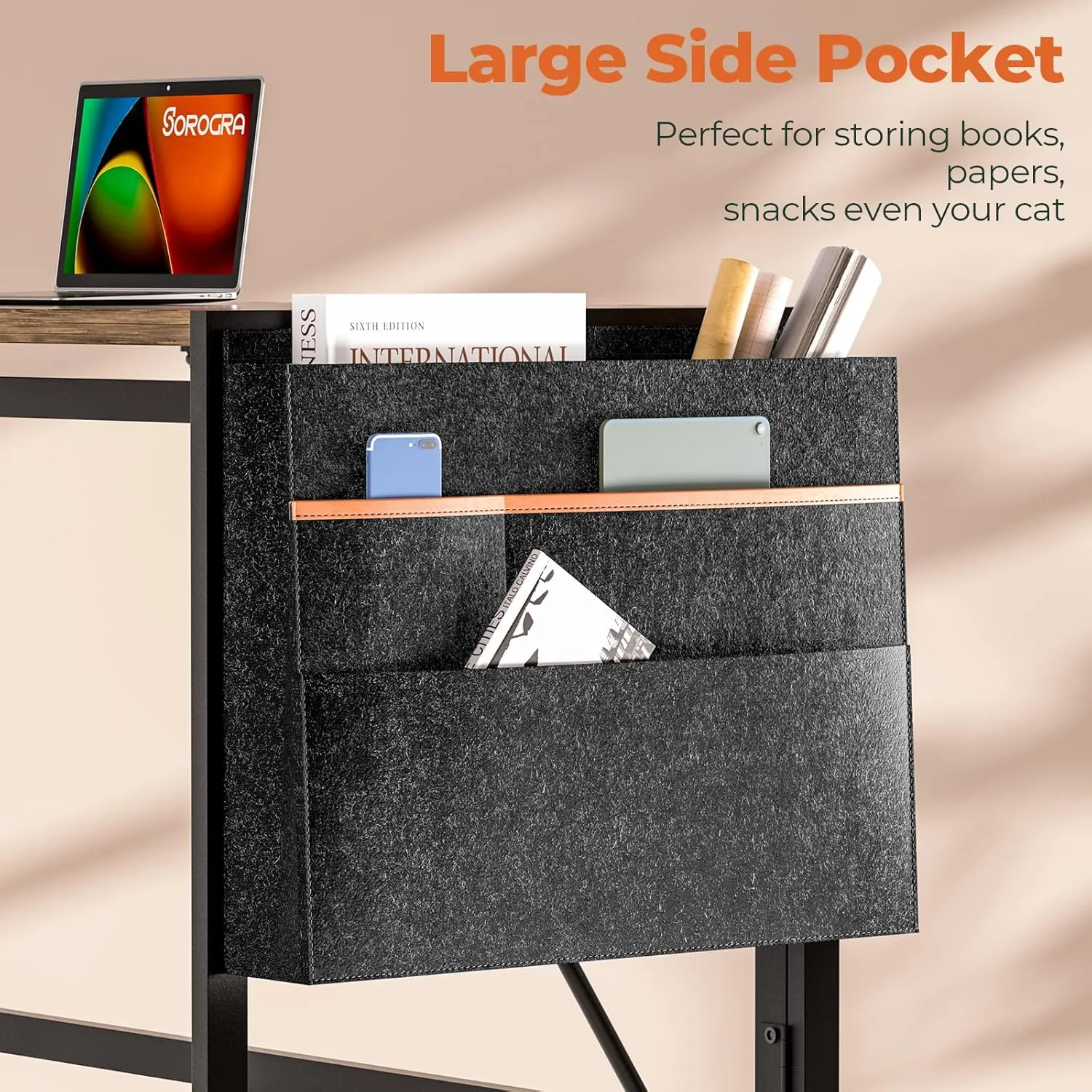 Folding Desk with Storage Pocket for Small Spaces, 39.4 Inch Foldable Desk with Headphone Hook for Bedroom Home Office, Portable Writing Table, Easy Assembly, Brown