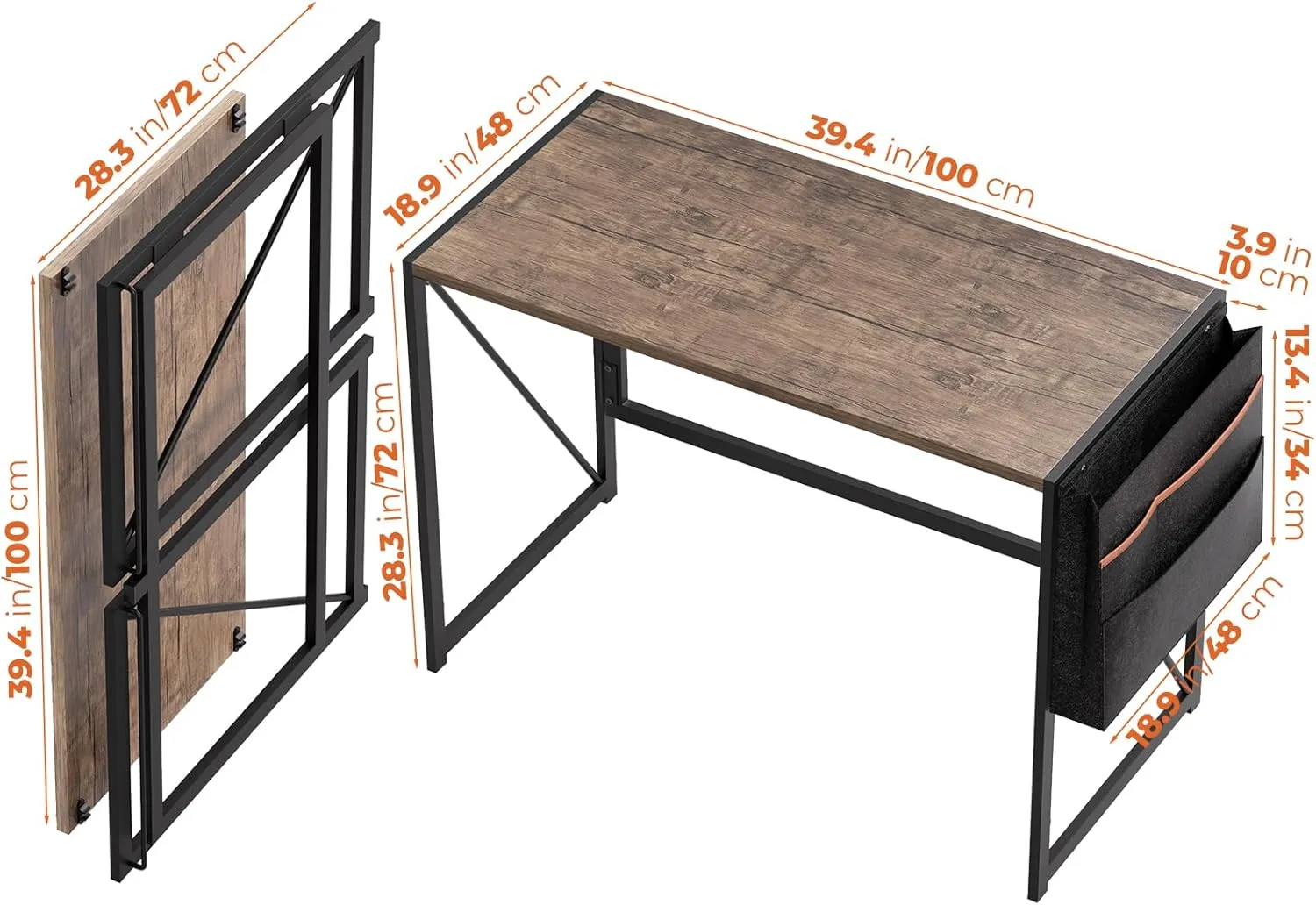 Folding Desk with Storage Pocket for Small Spaces, 39.4 Inch Foldable Desk with Headphone Hook for Bedroom Home Office, Portable Writing Table, Easy Assembly, Brown