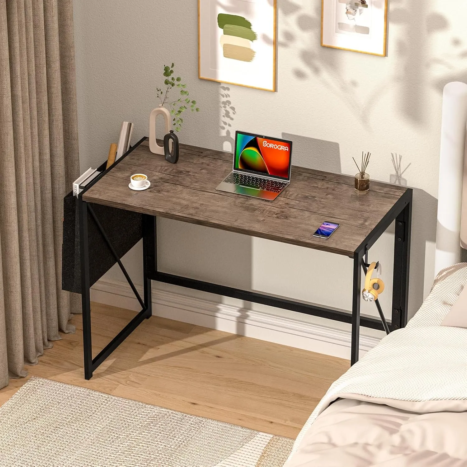 Folding Desk with Storage Pocket for Small Spaces, 39.4 Inch Foldable Desk with Headphone Hook for Bedroom Home Office, Portable Writing Table, Easy Assembly, Brown