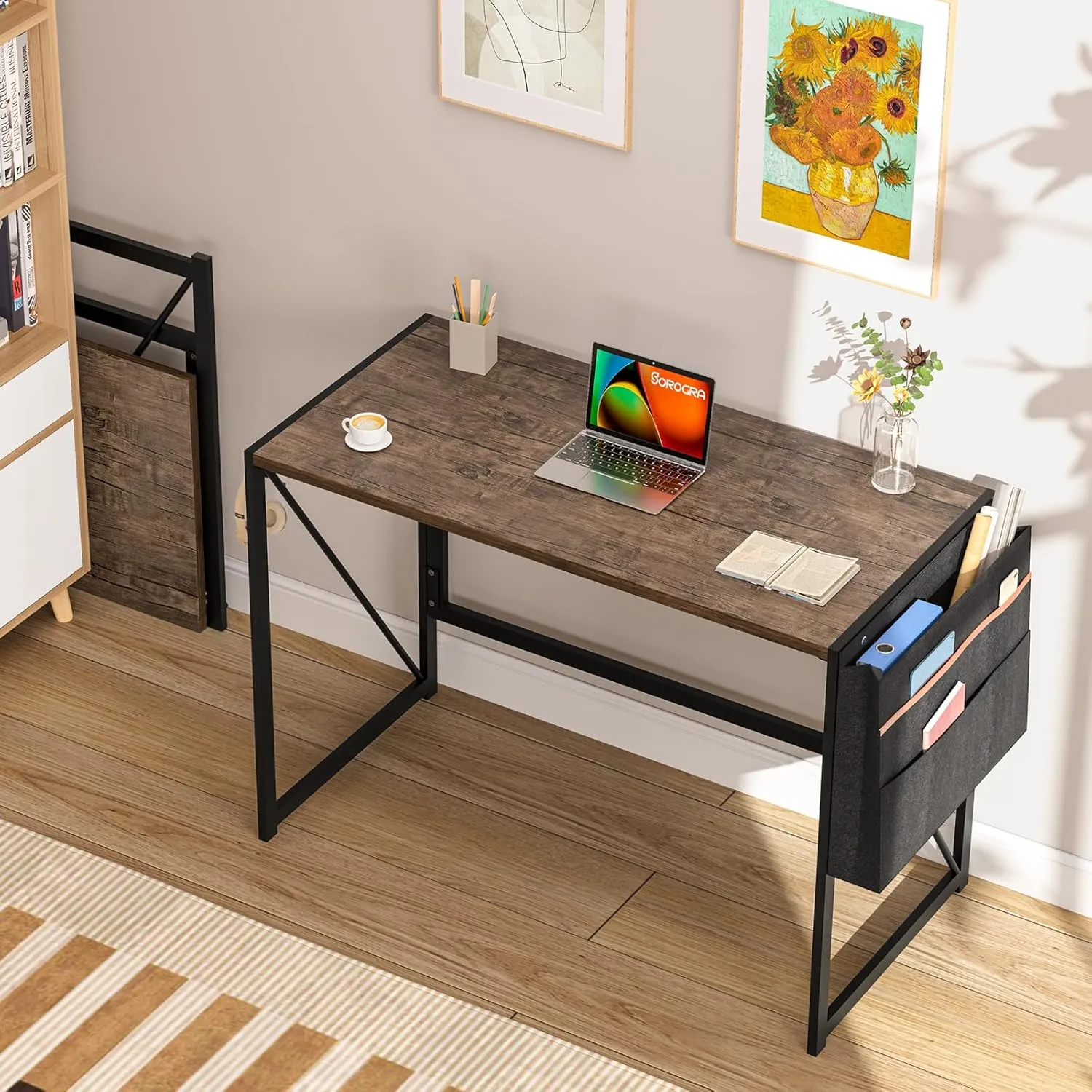 Folding Desk with Storage Pocket for Small Spaces, 39.4 Inch Foldable Desk with Headphone Hook for Bedroom Home Office, Portable Writing Table, Easy Assembly, Brown