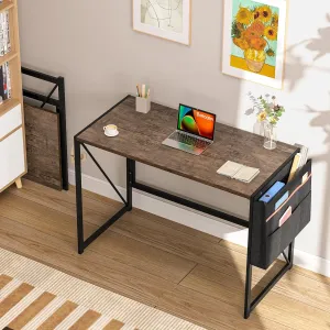 Folding Desk with Storage Pocket for Small Spaces, 39.4 Inch Foldable Desk with Headphone Hook for Bedroom Home Office, Portable Writing Table, Easy Assembly, Brown