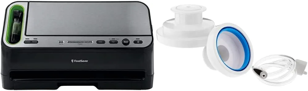 Foodsaver V4400 2-in-1 Vacuum Sealer Machine with Automatic Bag Detection and Starter Kit |Black and Silver & Regular Sealer and Accessory Hose Wide-Mouth Jar Kit, 9.00 x 6.00 x 4.90 Inches, White