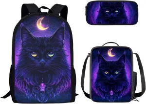 FOR U DESIGNS 2nd Grade Black Cat Moon School Bag Set for Boys 8 Elementary Backpack with Lunch Box and Pencil Case 17 Inch Large Capacity Bookbag Zipper Closure