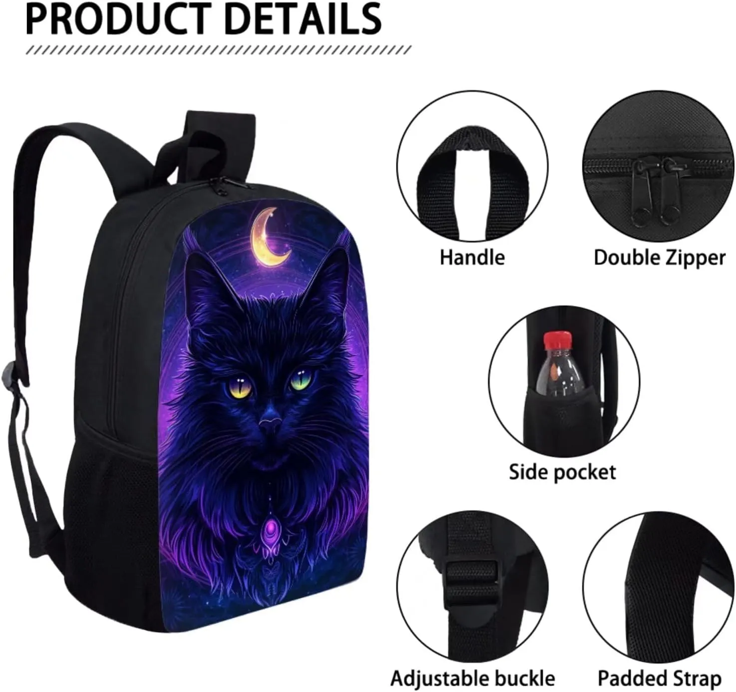 FOR U DESIGNS 2nd Grade Black Cat Moon School Bag Set for Boys 8 Elementary Backpack with Lunch Box and Pencil Case 17 Inch Large Capacity Bookbag Zipper Closure