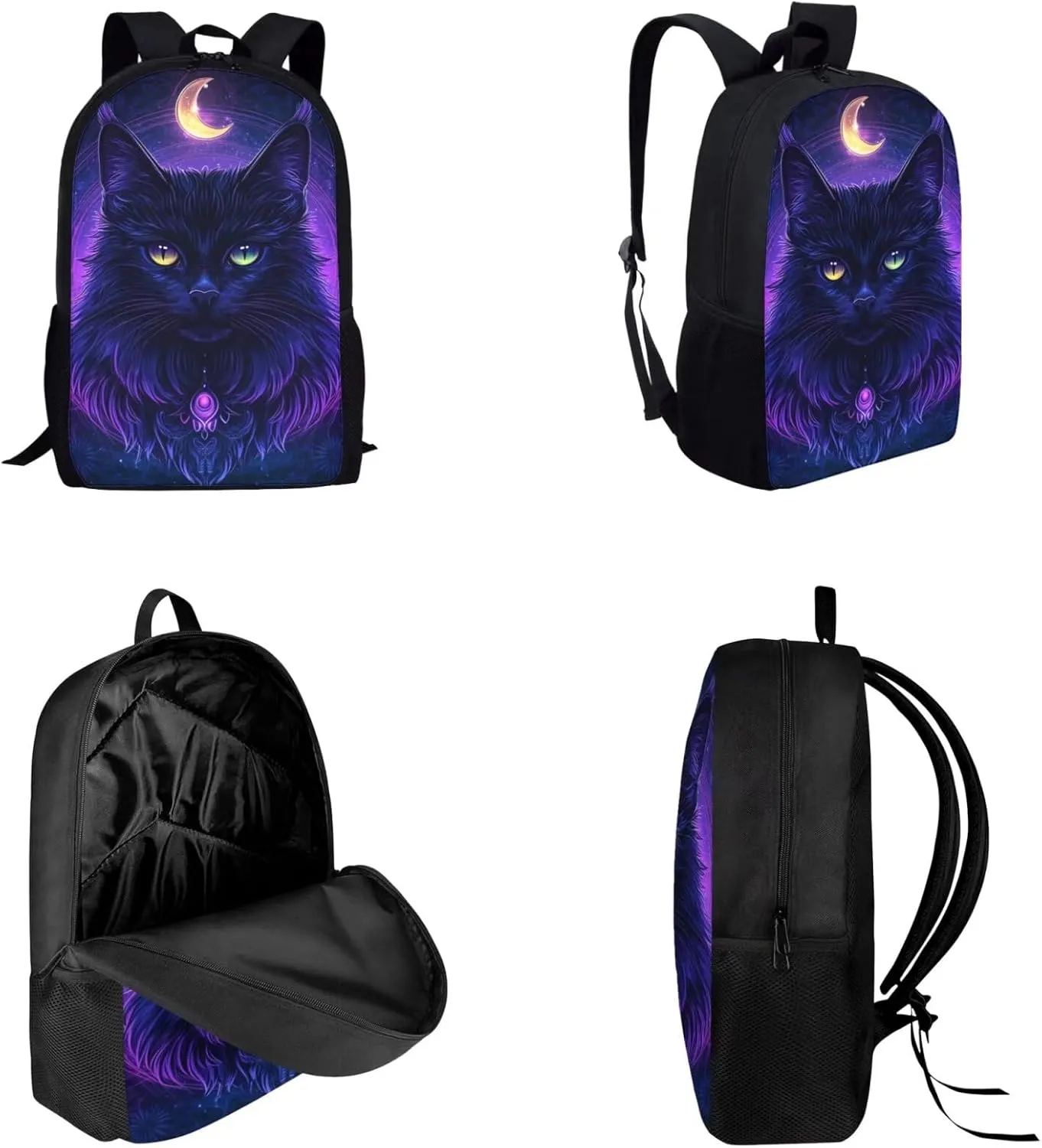 FOR U DESIGNS 2nd Grade Black Cat Moon School Bag Set for Boys 8 Elementary Backpack with Lunch Box and Pencil Case 17 Inch Large Capacity Bookbag Zipper Closure