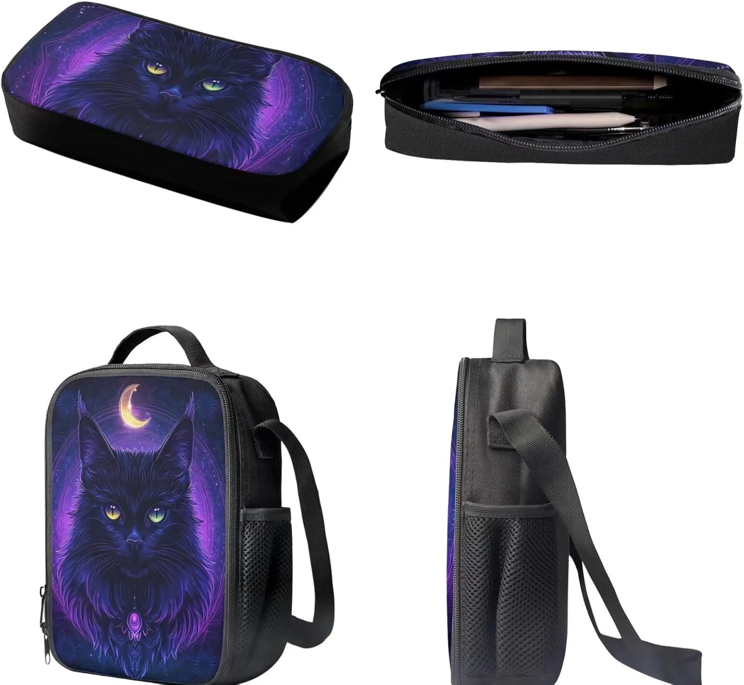 FOR U DESIGNS 2nd Grade Black Cat Moon School Bag Set for Boys 8 Elementary Backpack with Lunch Box and Pencil Case 17 Inch Large Capacity Bookbag Zipper Closure
