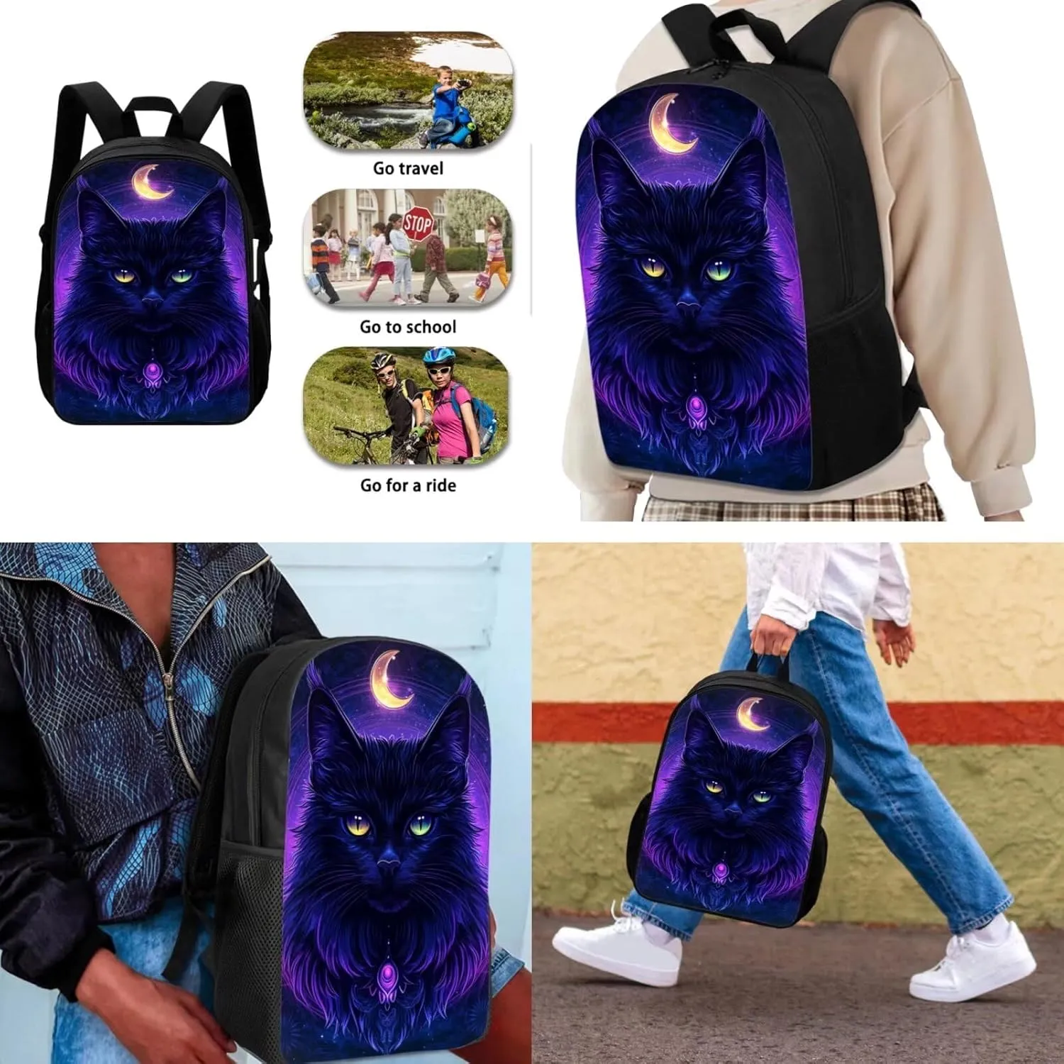 FOR U DESIGNS 2nd Grade Black Cat Moon School Bag Set for Boys 8 Elementary Backpack with Lunch Box and Pencil Case 17 Inch Large Capacity Bookbag Zipper Closure