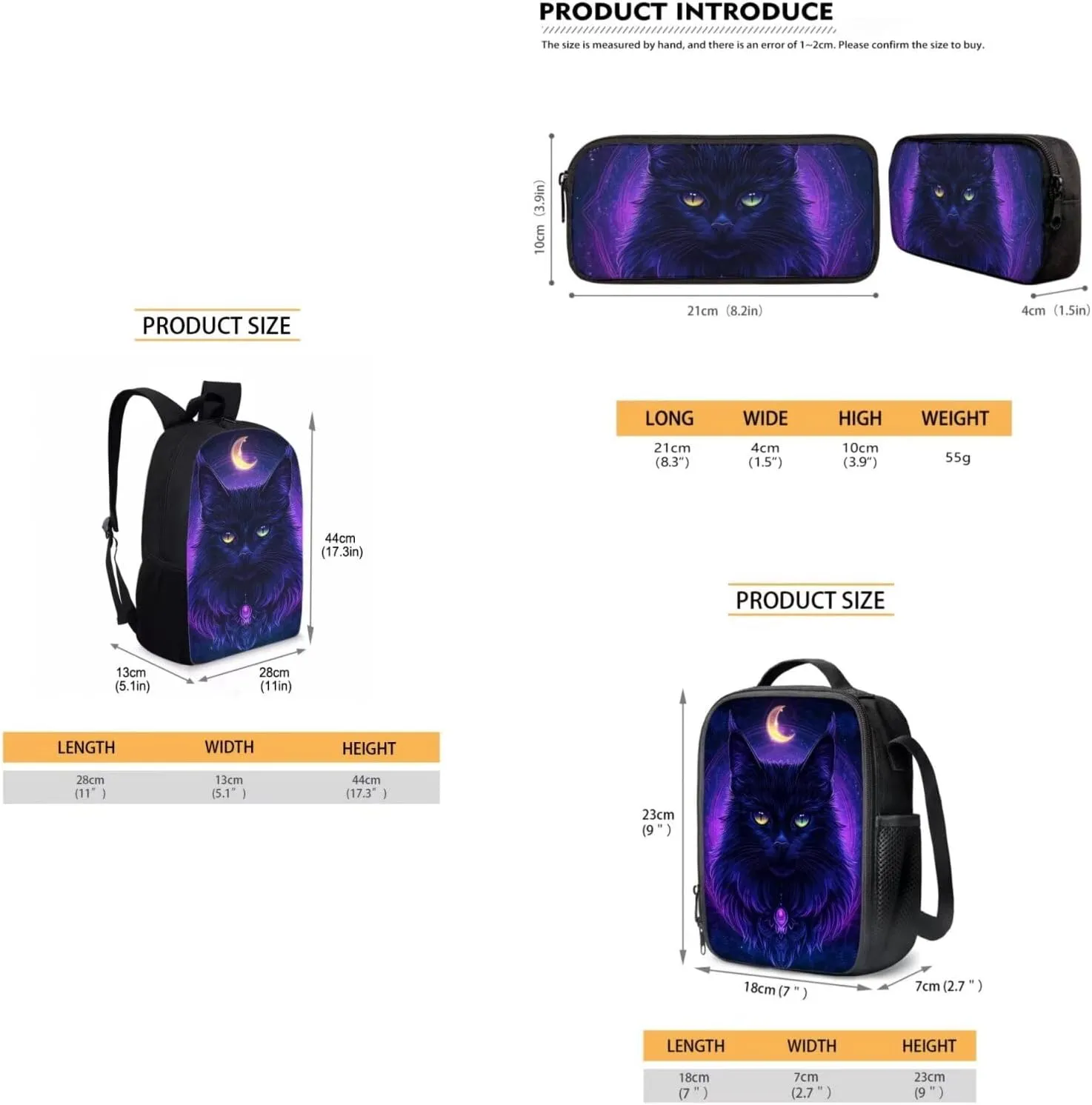 FOR U DESIGNS 2nd Grade Black Cat Moon School Bag Set for Boys 8 Elementary Backpack with Lunch Box and Pencil Case 17 Inch Large Capacity Bookbag Zipper Closure