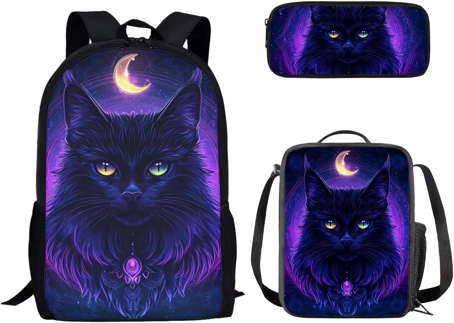 FOR U DESIGNS 2nd Grade Black Cat Moon School Bag Set for Boys 8 Elementary Backpack with Lunch Box and Pencil Case 17 Inch Large Capacity Bookbag Zipper Closure
