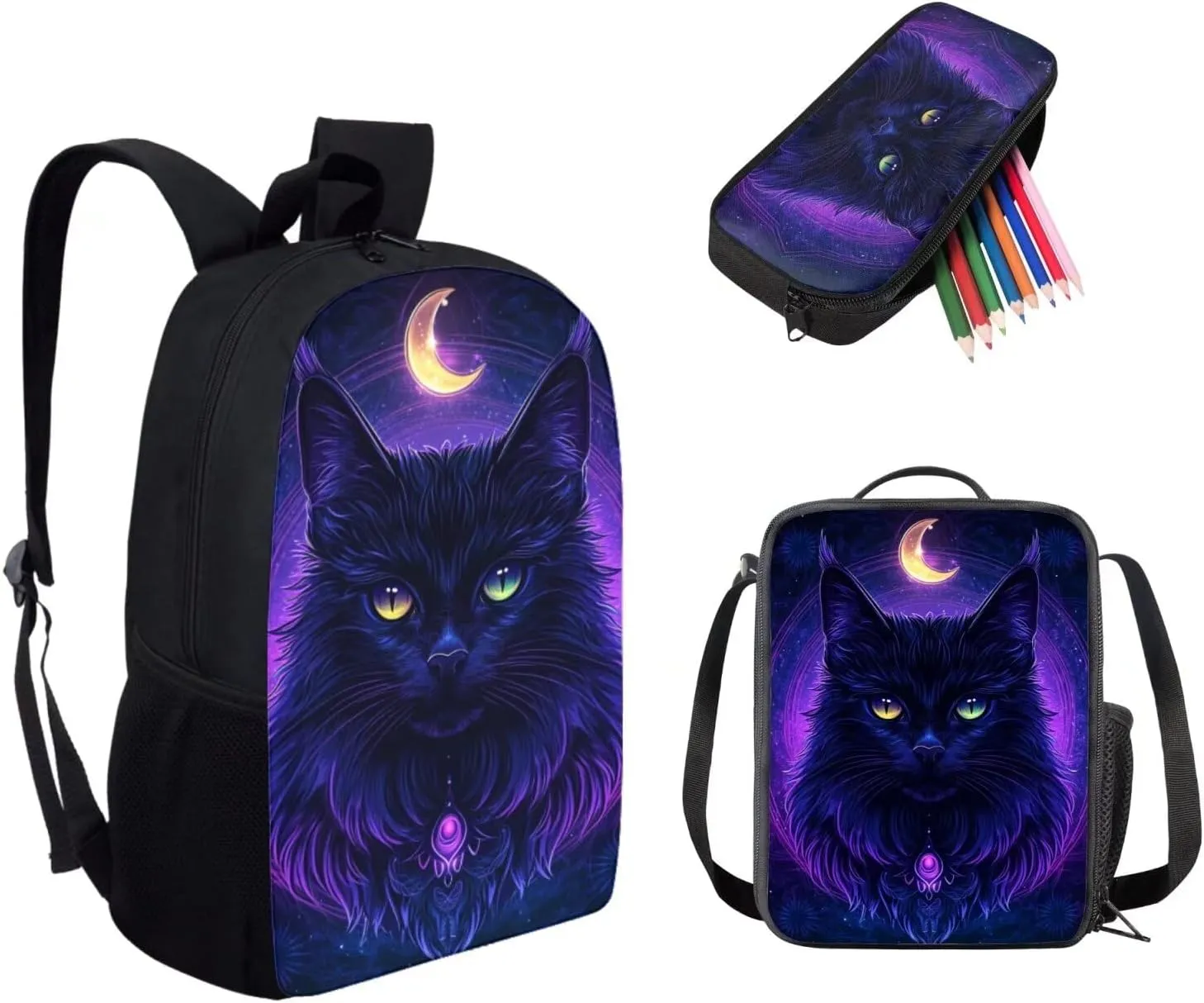 FOR U DESIGNS 2nd Grade Black Cat Moon School Bag Set for Boys 8 Elementary Backpack with Lunch Box and Pencil Case 17 Inch Large Capacity Bookbag Zipper Closure