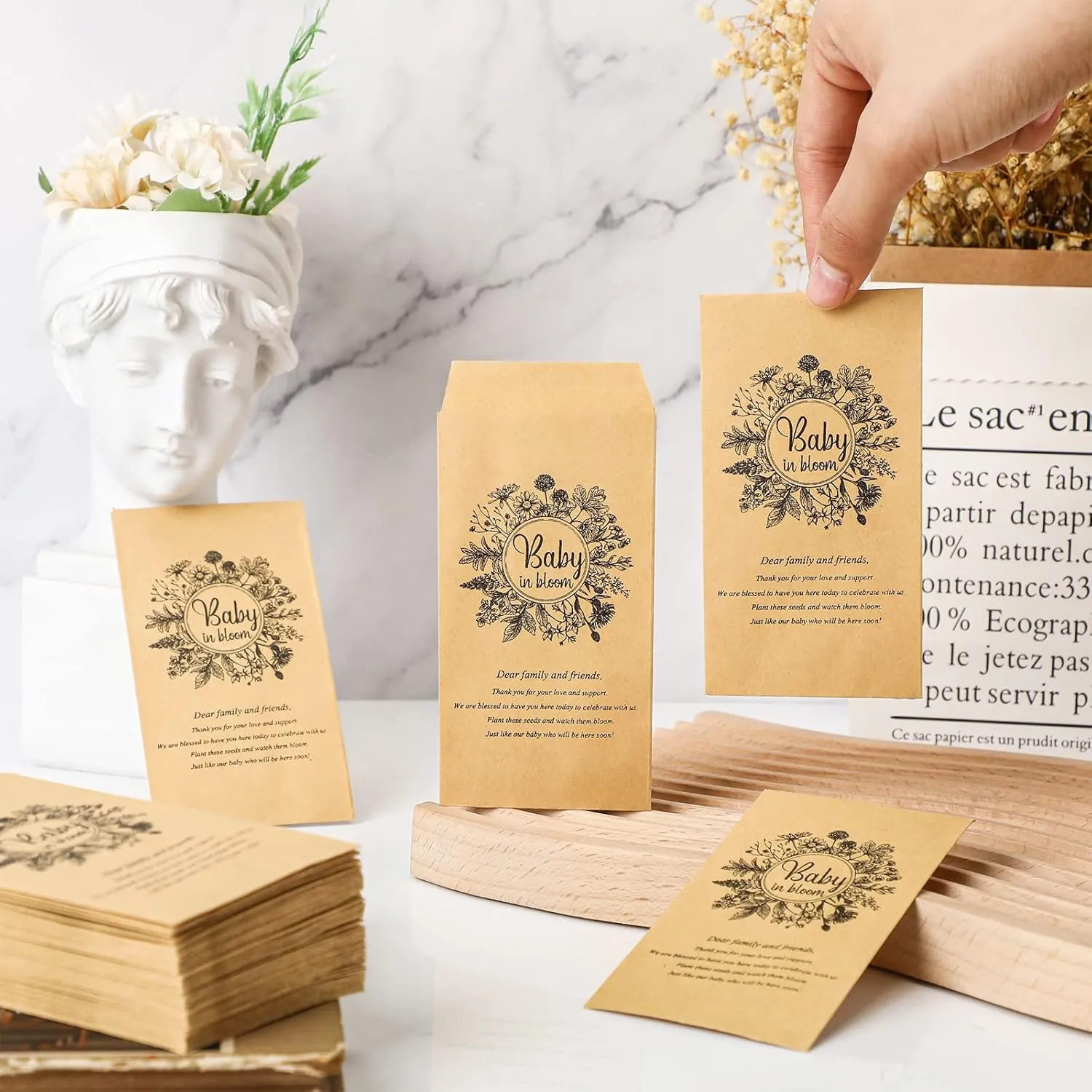 Fumete 100 Pcs Baby Shower Seed Packet Self Adhesive Envelopes Small Paper for Mini Kraft Packets Favors Baby in Bloom Organizer for Party, No Seeds(Flower)