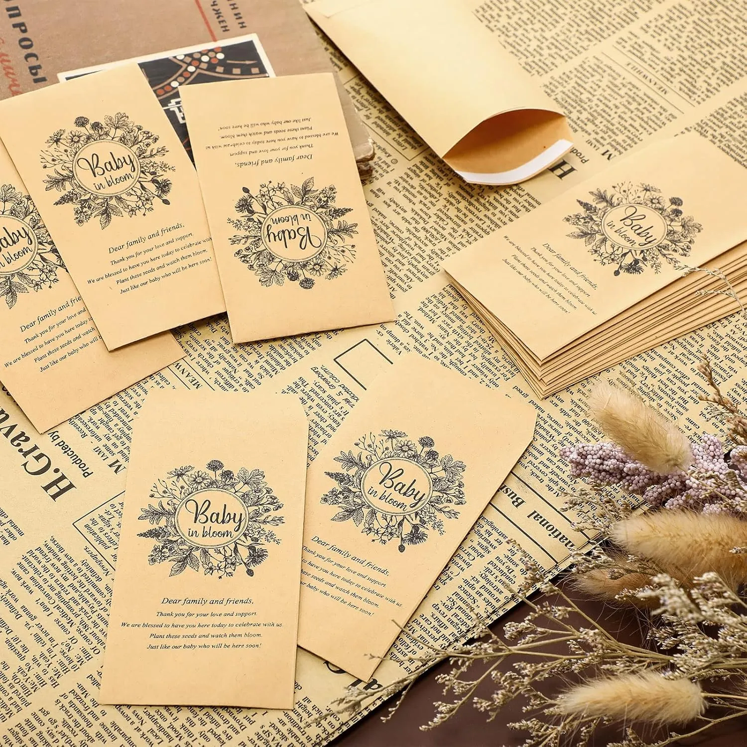 Fumete 100 Pcs Baby Shower Seed Packet Self Adhesive Envelopes Small Paper for Mini Kraft Packets Favors Baby in Bloom Organizer for Party, No Seeds(Flower)