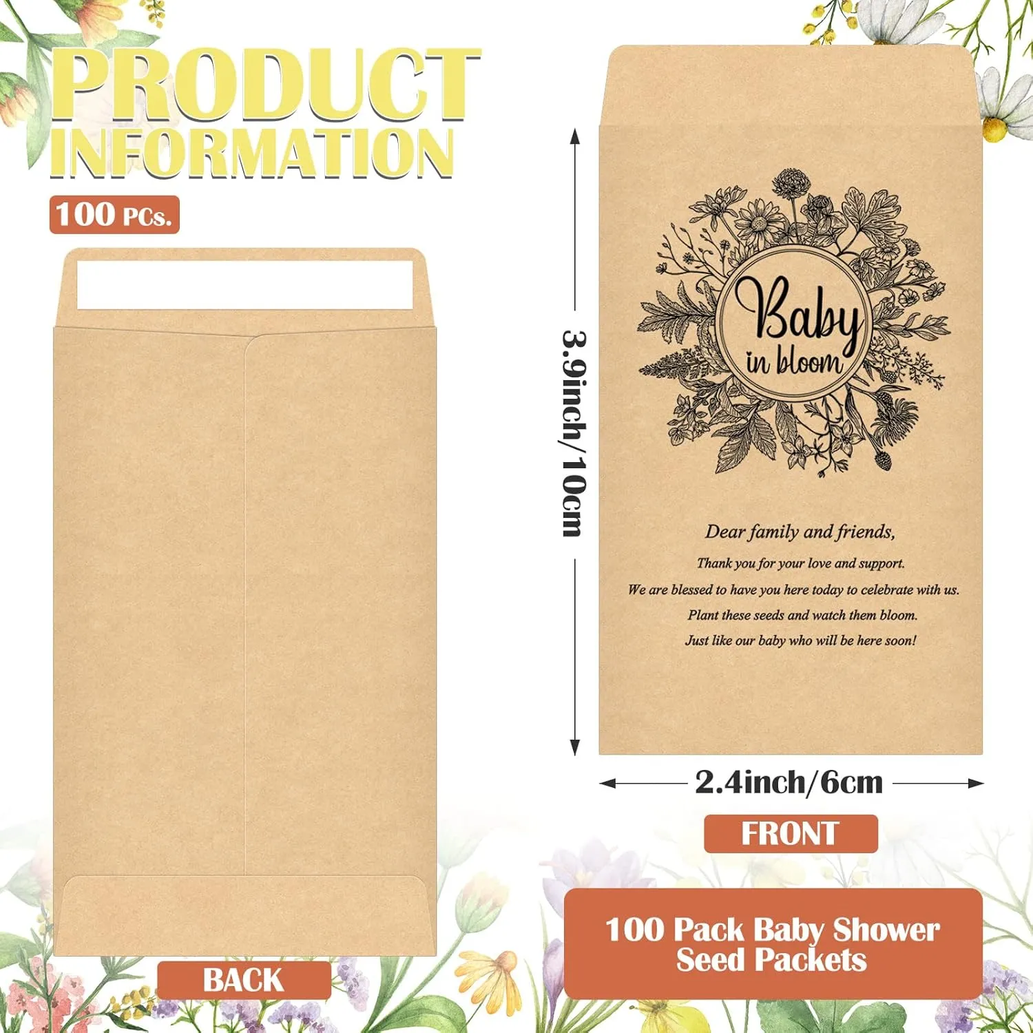 Fumete 100 Pcs Baby Shower Seed Packet Self Adhesive Envelopes Small Paper for Mini Kraft Packets Favors Baby in Bloom Organizer for Party, No Seeds(Flower)