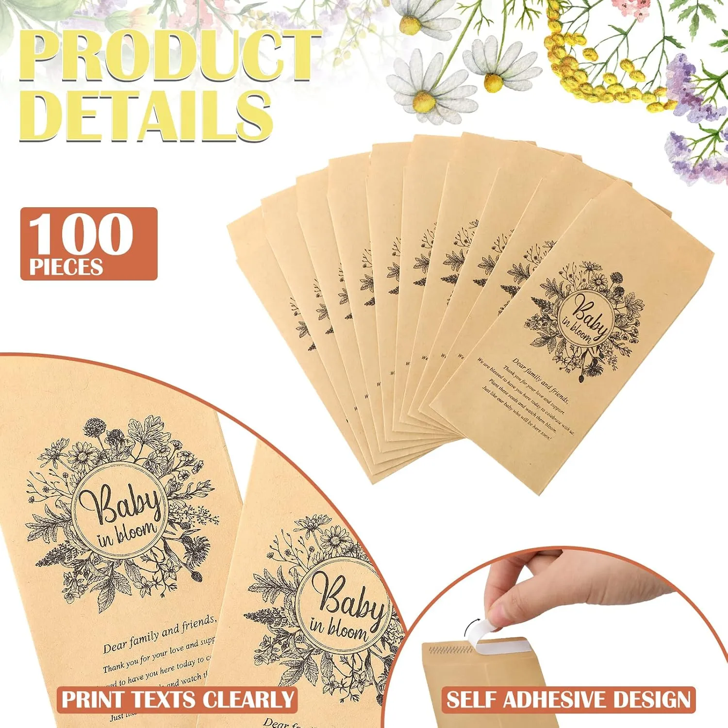 Fumete 100 Pcs Baby Shower Seed Packet Self Adhesive Envelopes Small Paper for Mini Kraft Packets Favors Baby in Bloom Organizer for Party, No Seeds(Flower)