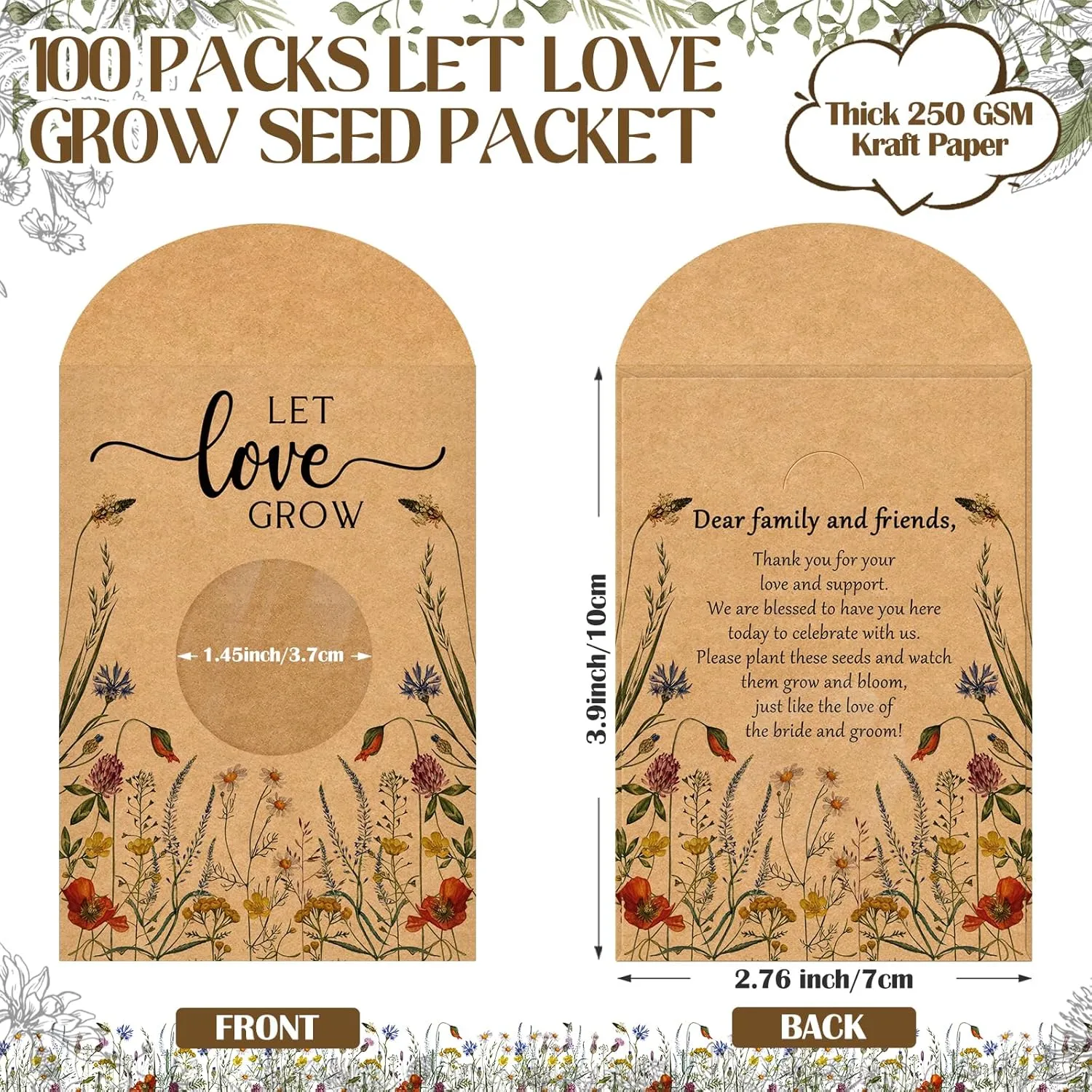 Fumete 100 Pcs Let Love Grow Seed Packets Cool Wedding Favors for Guests Kraft Envelope Kraft Bag with Window Flower Resealable Seed Storage Packets for Wedding Party Favors Bridal Shower