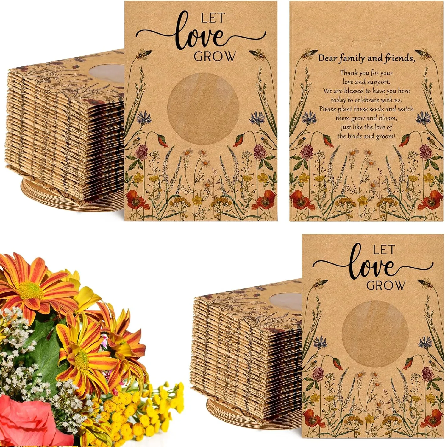 Fumete 100 Pcs Let Love Grow Seed Packets Cool Wedding Favors for Guests Kraft Envelope Kraft Bag with Window Flower Resealable Seed Storage Packets for Wedding Party Favors Bridal Shower