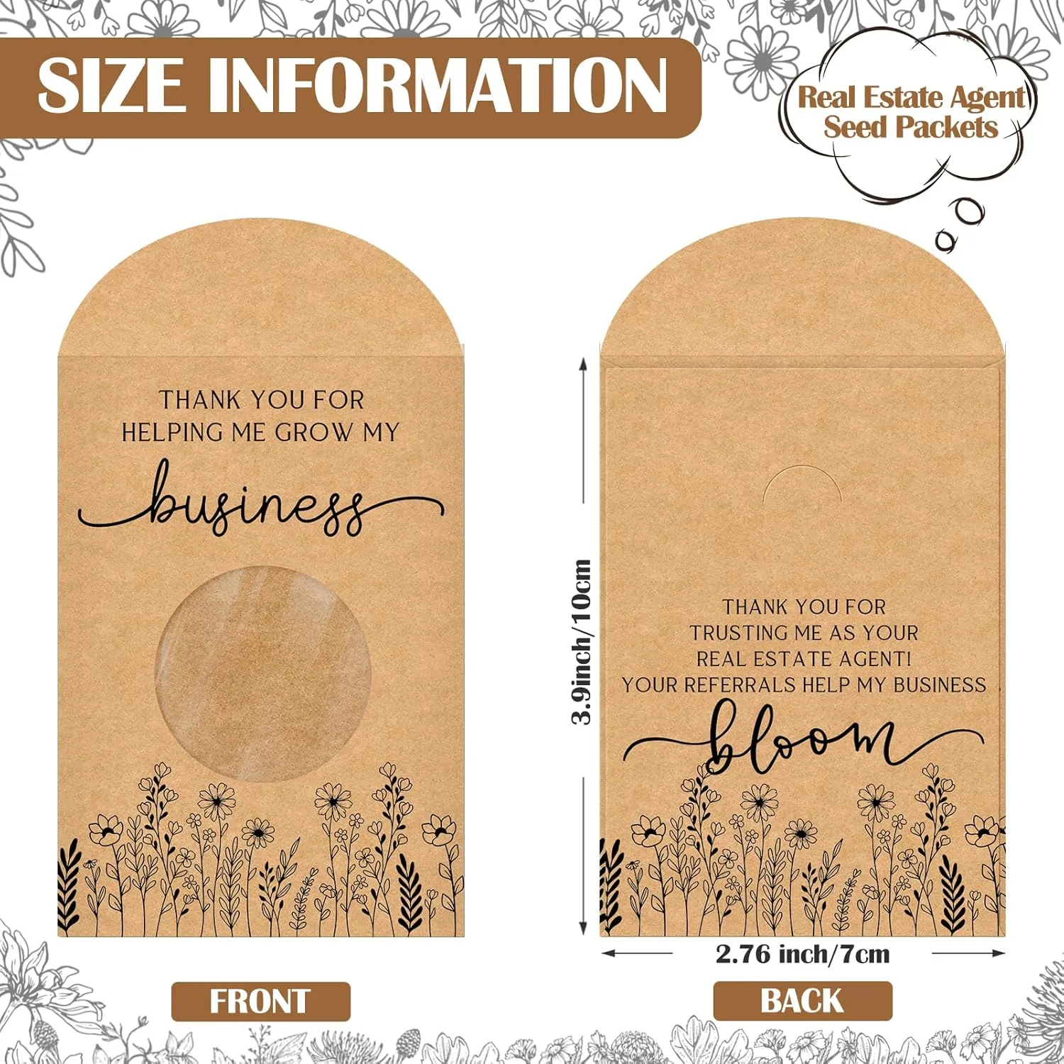 Fumete 100 Pcs Real Estate Agent Gifts for Clients Thank You Seed Packet Favors Wildflower Organizer Self Adhesive Bags Flower Packets with Window Closing Gifts for Home Buyers, No Seeds