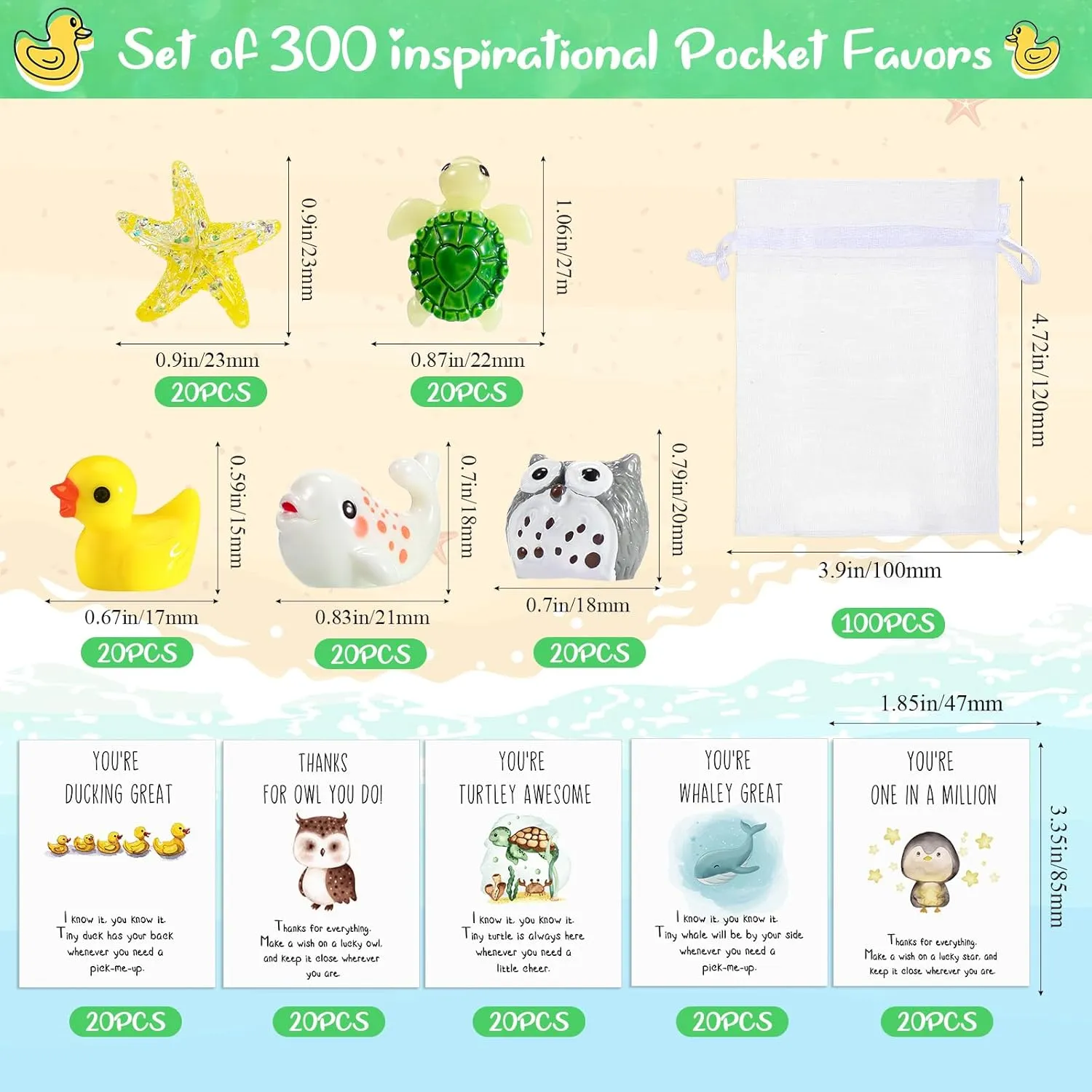 Fumete 100 Set Employee Appreciation Gifts Bulk for Coworkers Thank You Staff Gift Animal Pun Inspirational Note Cards Funny Resin Ducks Stars Whales Turtles Owls Office Pocket Favors