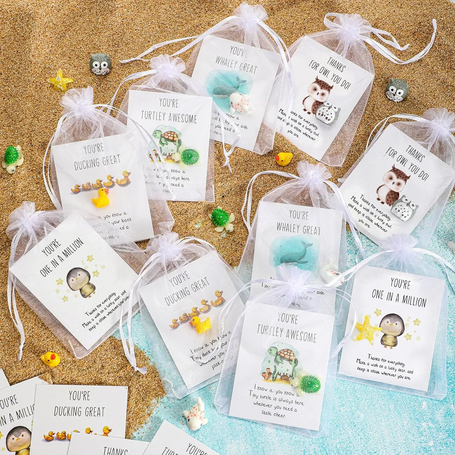 Fumete 100 Set Employee Appreciation Gifts Bulk for Coworkers Thank You Staff Gift Animal Pun Inspirational Note Cards Funny Resin Ducks Stars Whales Turtles Owls Office Pocket Favors