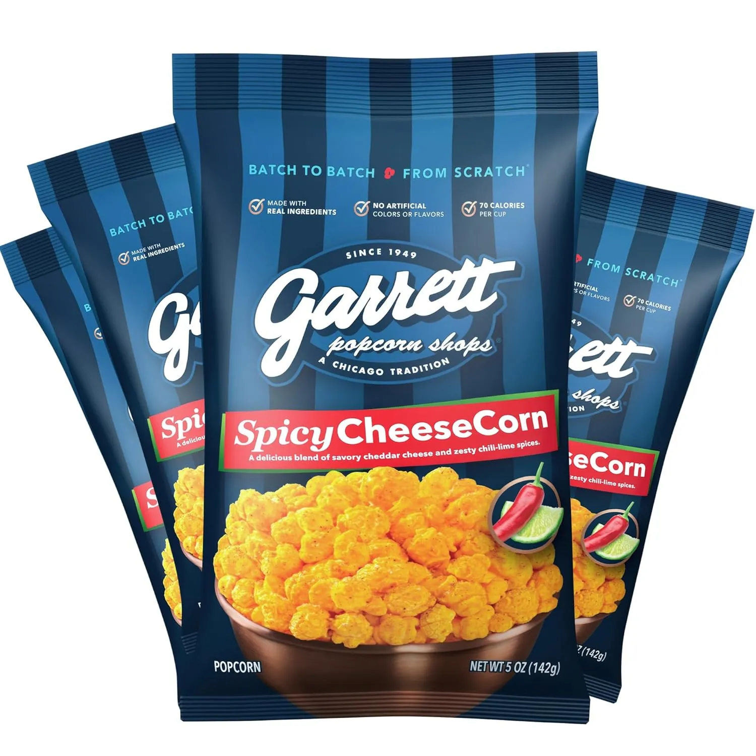 Garrett Popcorn Spicy CheeseCorn, 5.0oz, 4 Bags,​ Spicy Cheddar Popcorn, Gluten Free, Bold Snack, Popped Popcorn Bags