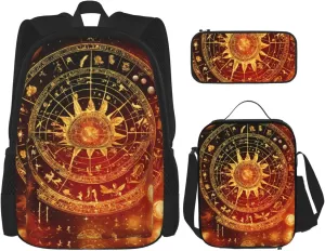 Gears Clock Bronze Century Print Pocket Backpack,Pencil Case And Lunch Bag Set For Men And Women,Large Capacity
