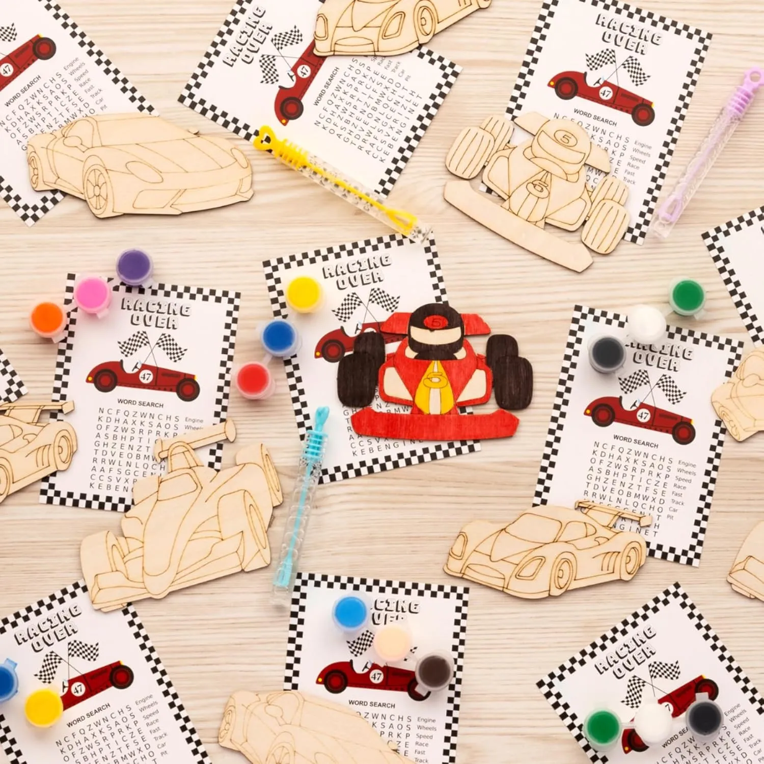 GEECOZYLIFE Thank You for Coming Gifts for Kids - Race Car Party Favors - 12 PCS Car Party Supplies - Wooden Painting Kit with Bubble Wand - Birthday Boys Girls Gifts Bulk