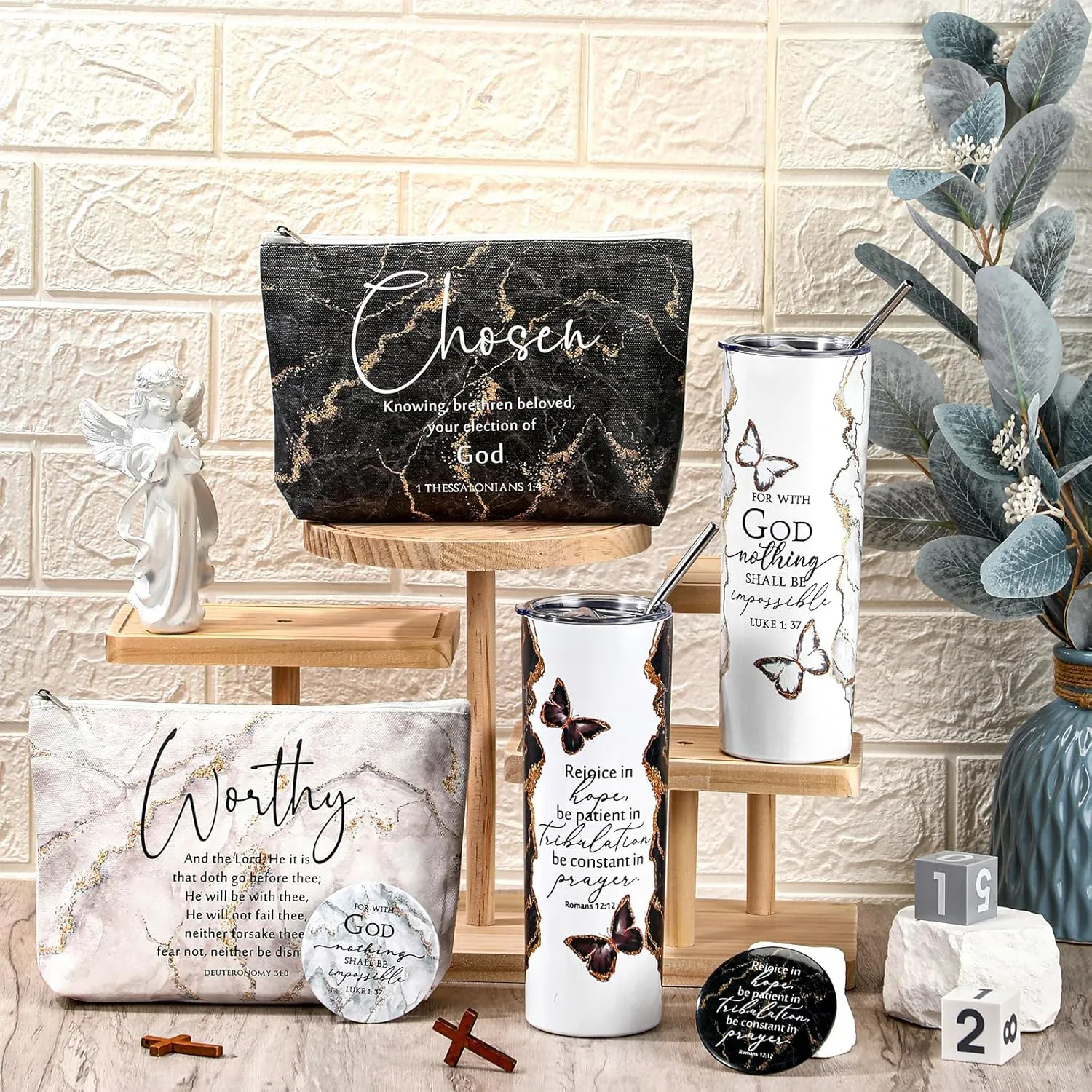 Geiserailie 6 Pcs Christian Gifts for Women 20 oz Marble Tumbler, Makeup Bag, Pocket Mirrors, Inspirational Bible Verse Gift Set for Mother's Day, Church, Sunday School (Mono Color)