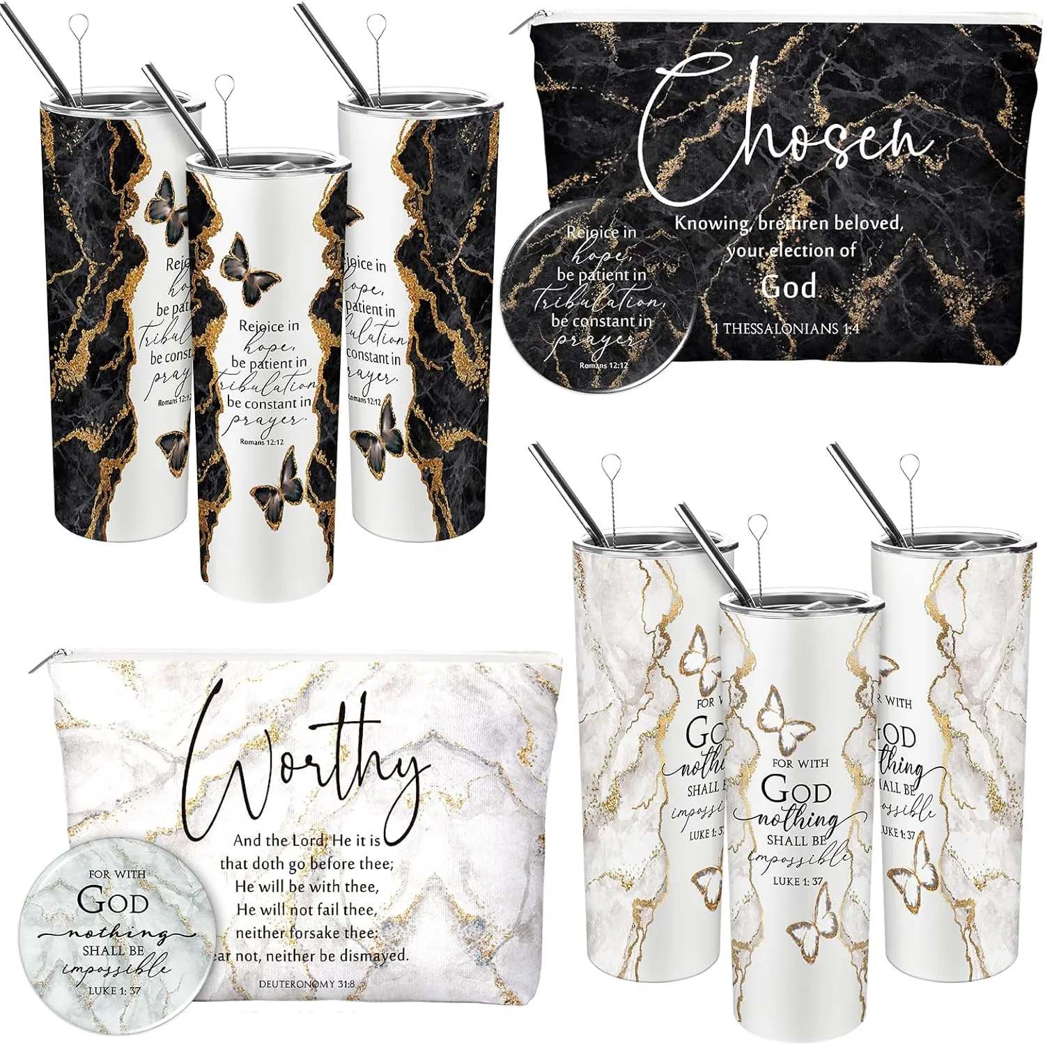 Geiserailie 6 Pcs Christian Gifts for Women 20 oz Marble Tumbler, Makeup Bag, Pocket Mirrors, Inspirational Bible Verse Gift Set for Mother's Day, Church, Sunday School (Mono Color)