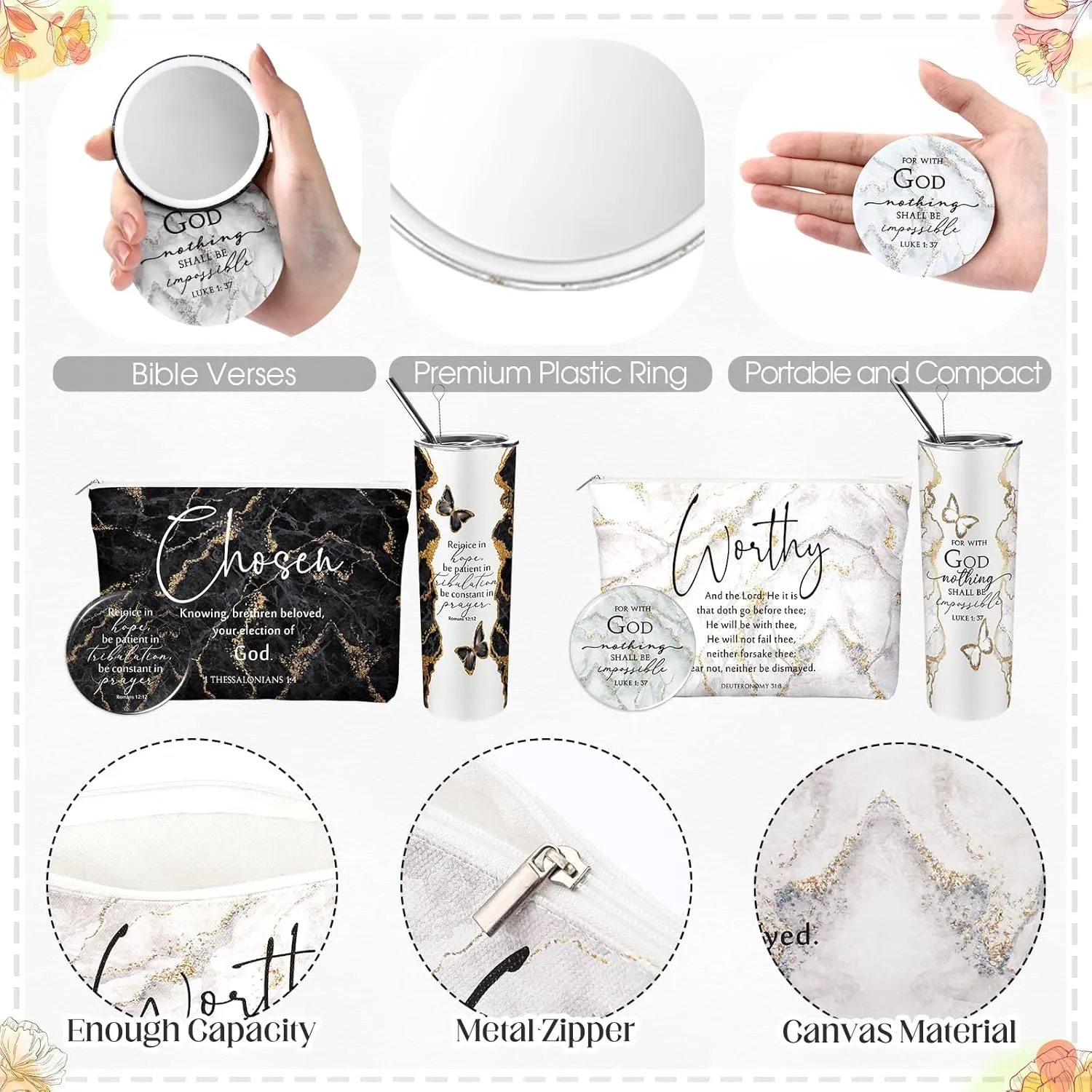 Geiserailie 6 Pcs Christian Gifts for Women 20 oz Marble Tumbler, Makeup Bag, Pocket Mirrors, Inspirational Bible Verse Gift Set for Mother's Day, Church, Sunday School (Mono Color)
