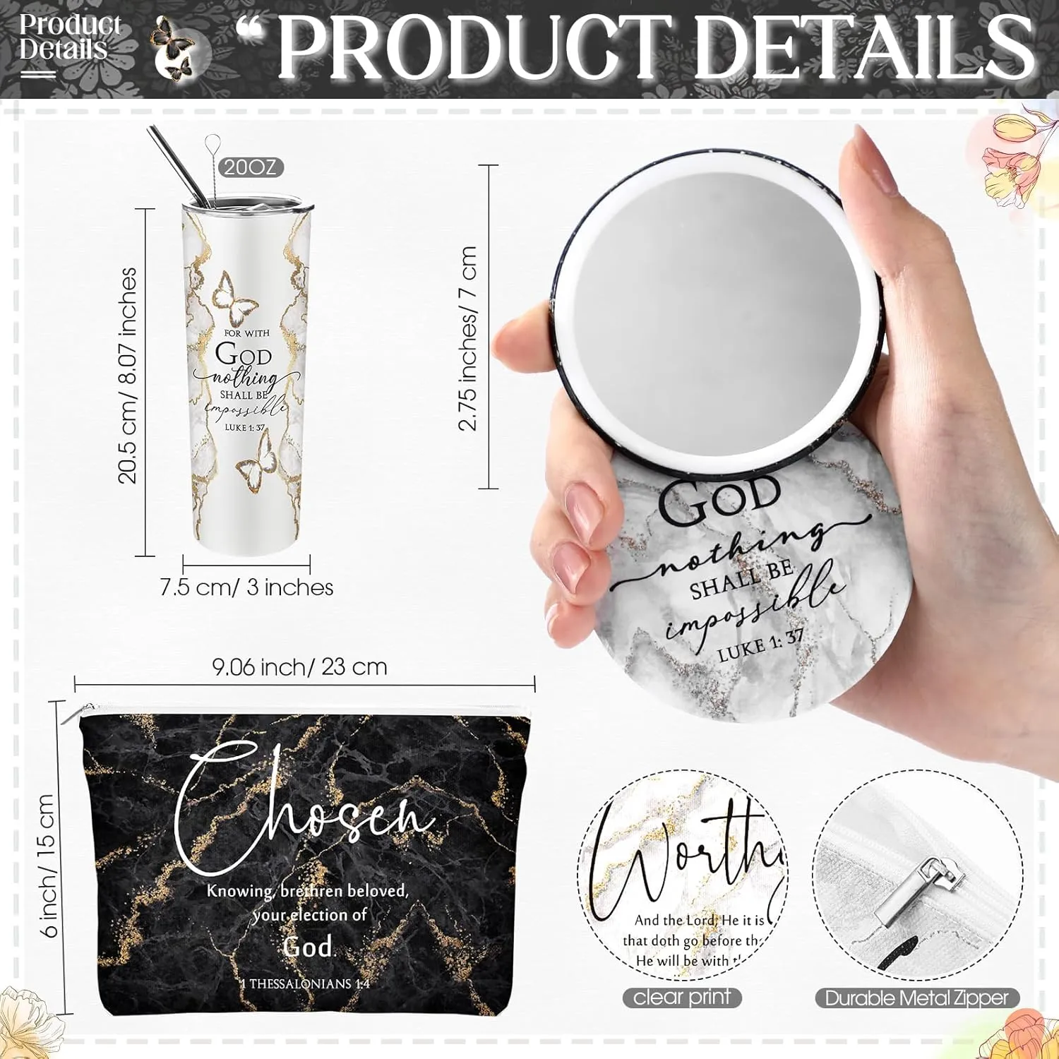 Geiserailie 6 Pcs Christian Gifts for Women 20 oz Marble Tumbler, Makeup Bag, Pocket Mirrors, Inspirational Bible Verse Gift Set for Mother's Day, Church, Sunday School (Mono Color)